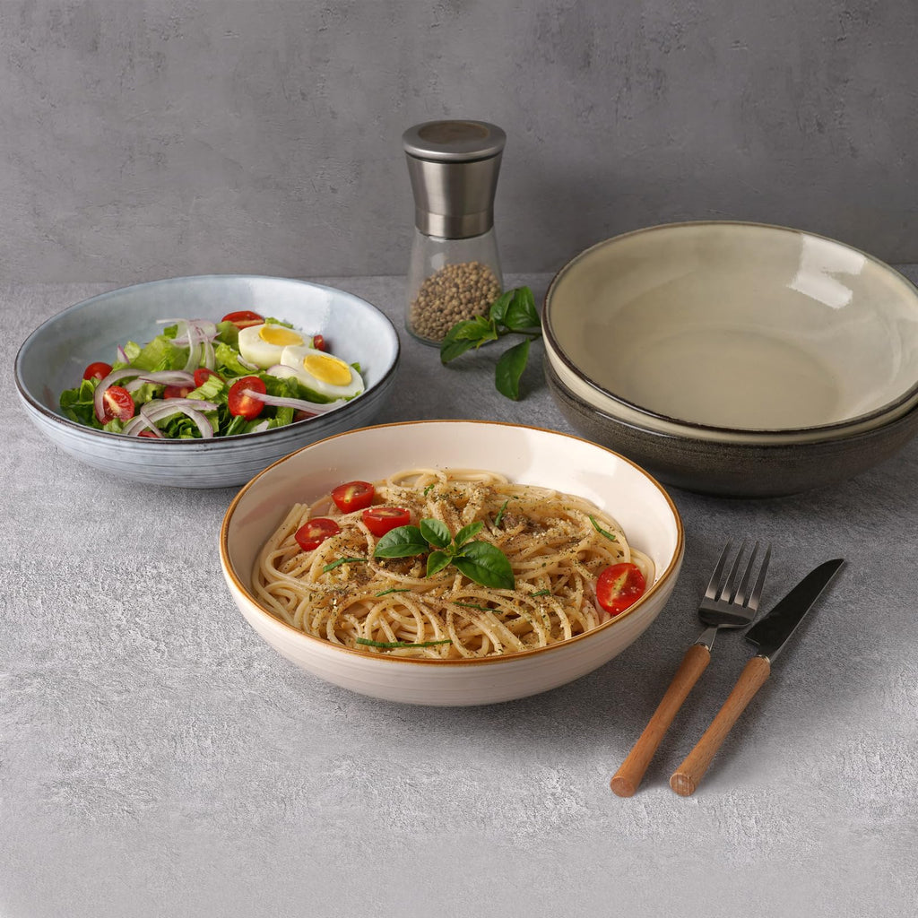 famiware Tempus 8.6'' Pasta Bowls Set of 4, 40 oz Bowls for Kitchen, Stoneware Deep Serving Bowls, Dishwasher & Microwave Safe Bowls for Cereal, Salad, Soup, Dessert etc - Antique White