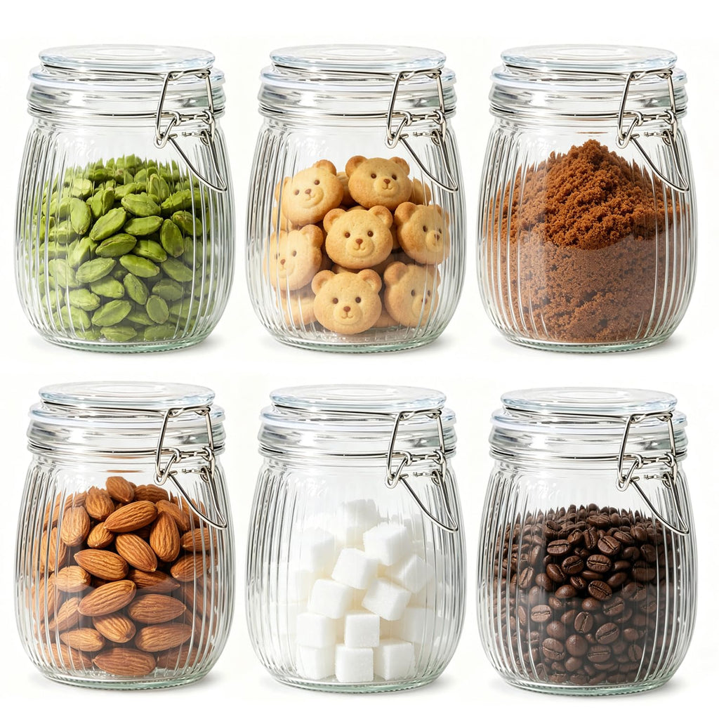 ComSaf Ribbed Glass Pantry Jars with Airtight Lids 34 oz 3 Pack Coffee