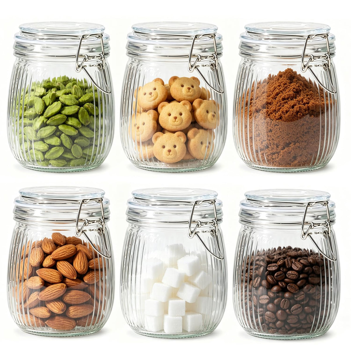ComSaf Ribbed Glass Pantry Jars with Airtight Lids 34 oz 3 Pack Coffee