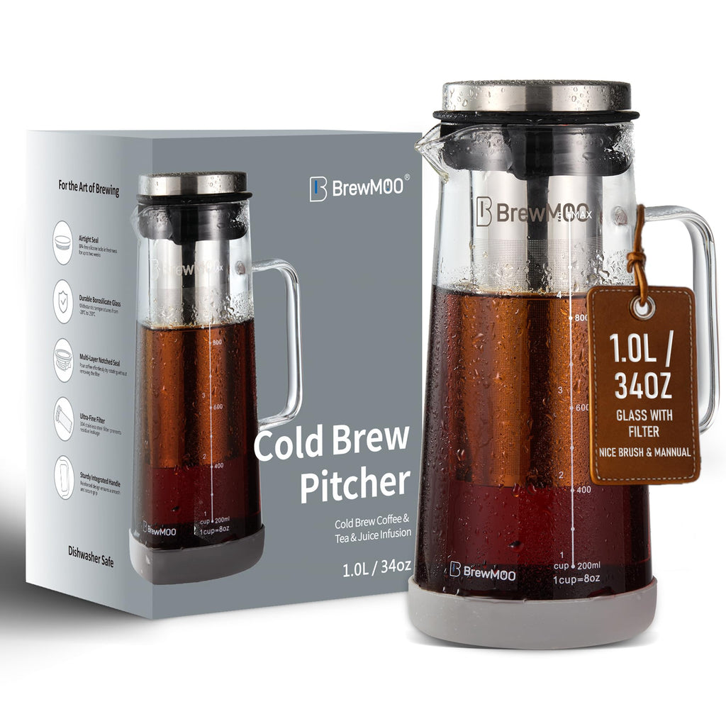 BrewMOO- Airtight Cold Brew Coffee Maker Pitcher, 1.4L/48Oz Thick Glass Carafe with Filter, Comfort Sturdy Handle & Wide Spout, Non-Slip Base | Iced Tea Maker (Black)