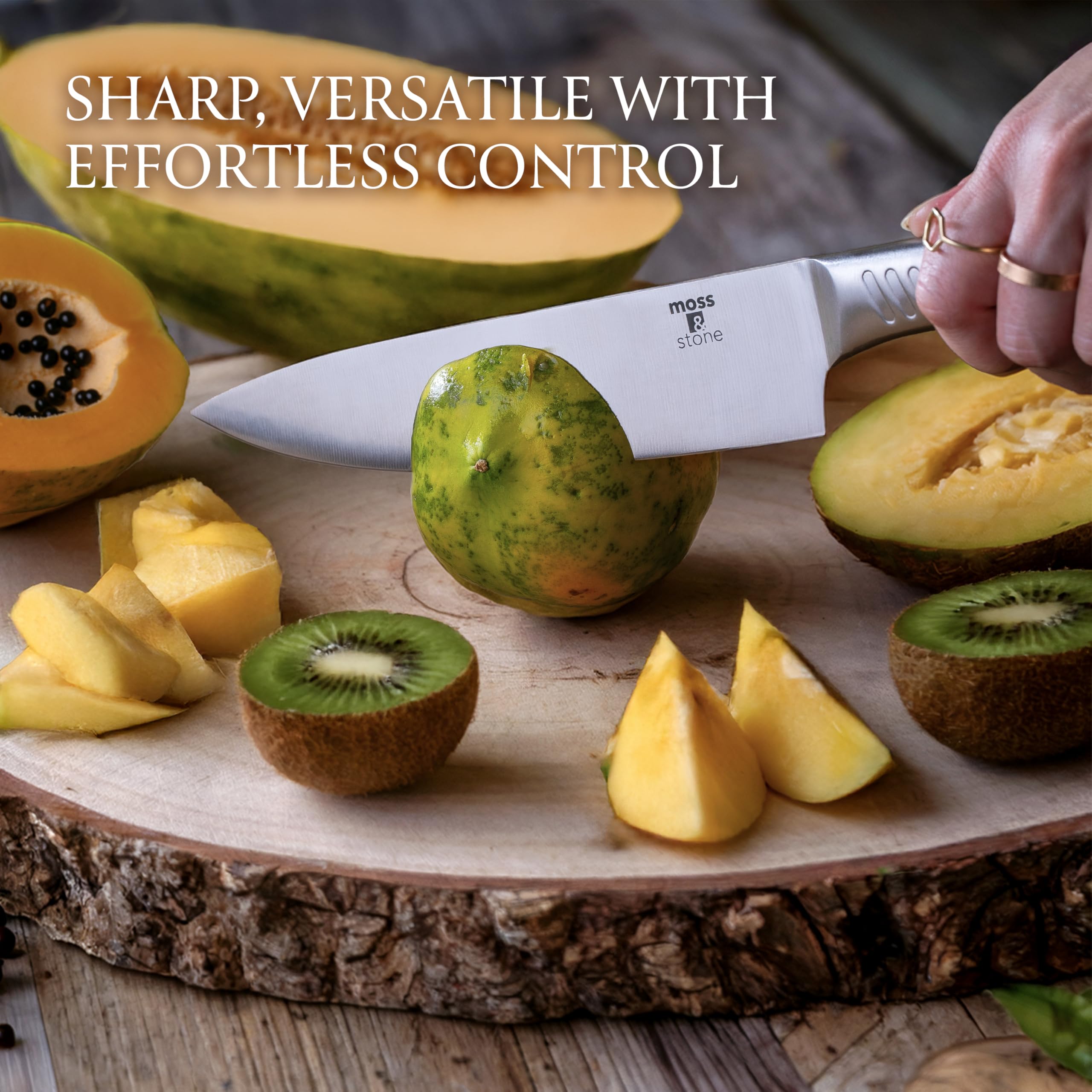 Moss & Stone Small 6 Pcs Kitchen Knife Set with Block, Stainless Steel