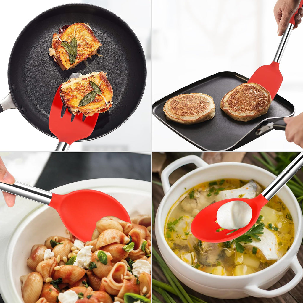 Silicone Spatula Spoon Set, 4 PCS Silicone Cooking Utensils Spatula Spoon Set with Stainless Steel Handle, BPA Free Kitchen Turners for Frying, Mixing, Serving, Draining, Turning, Stirring, Red