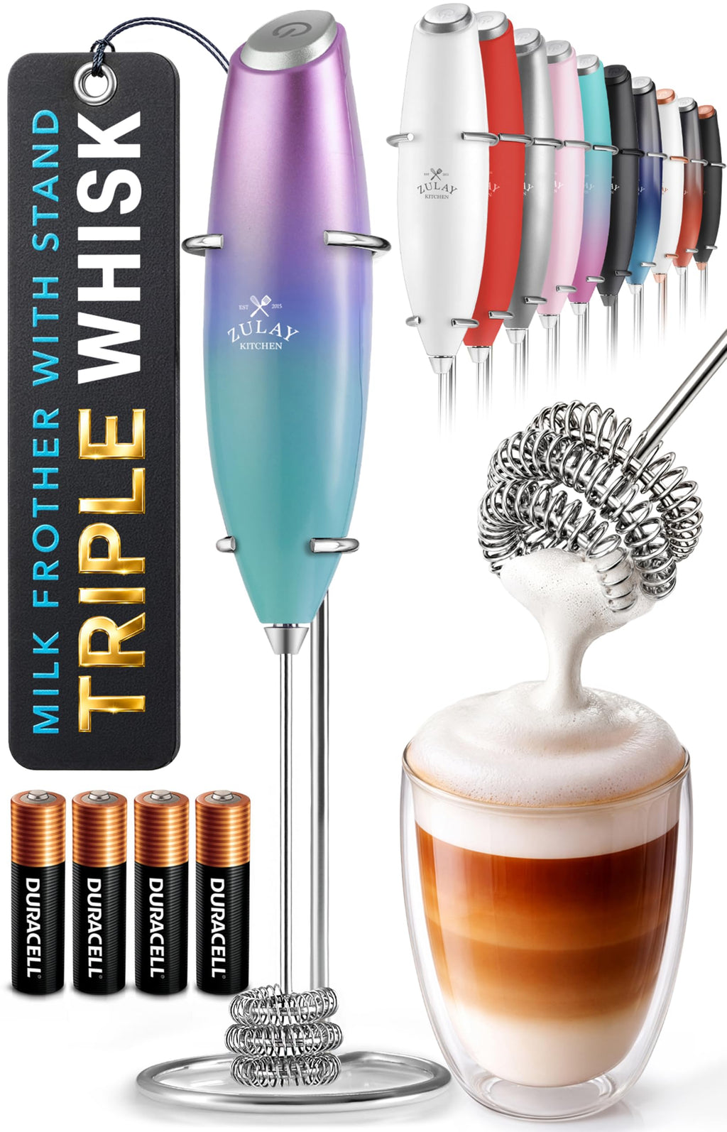Zulay Kitchen Powerful Milk Frother Wand With Duracell Batteries - Ultra Fast Handheld Drink Mixer - Electric Whisk Foam Maker for Coffee, Lattes, Cappuccino & Matcha - Z1 Motor - Aqua