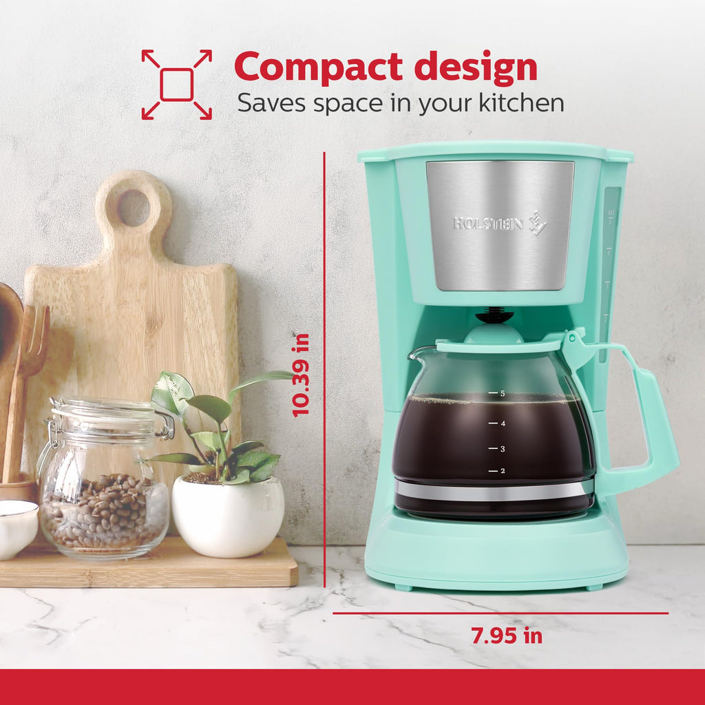 Holstein Housewares 5 Cup Drip Coffee Maker – Compact and User-Friendly with Auto Pause & Serve, Reusable Filter, Measuring Spoon & Glass Carafe, Office & Dorm Use, Mint