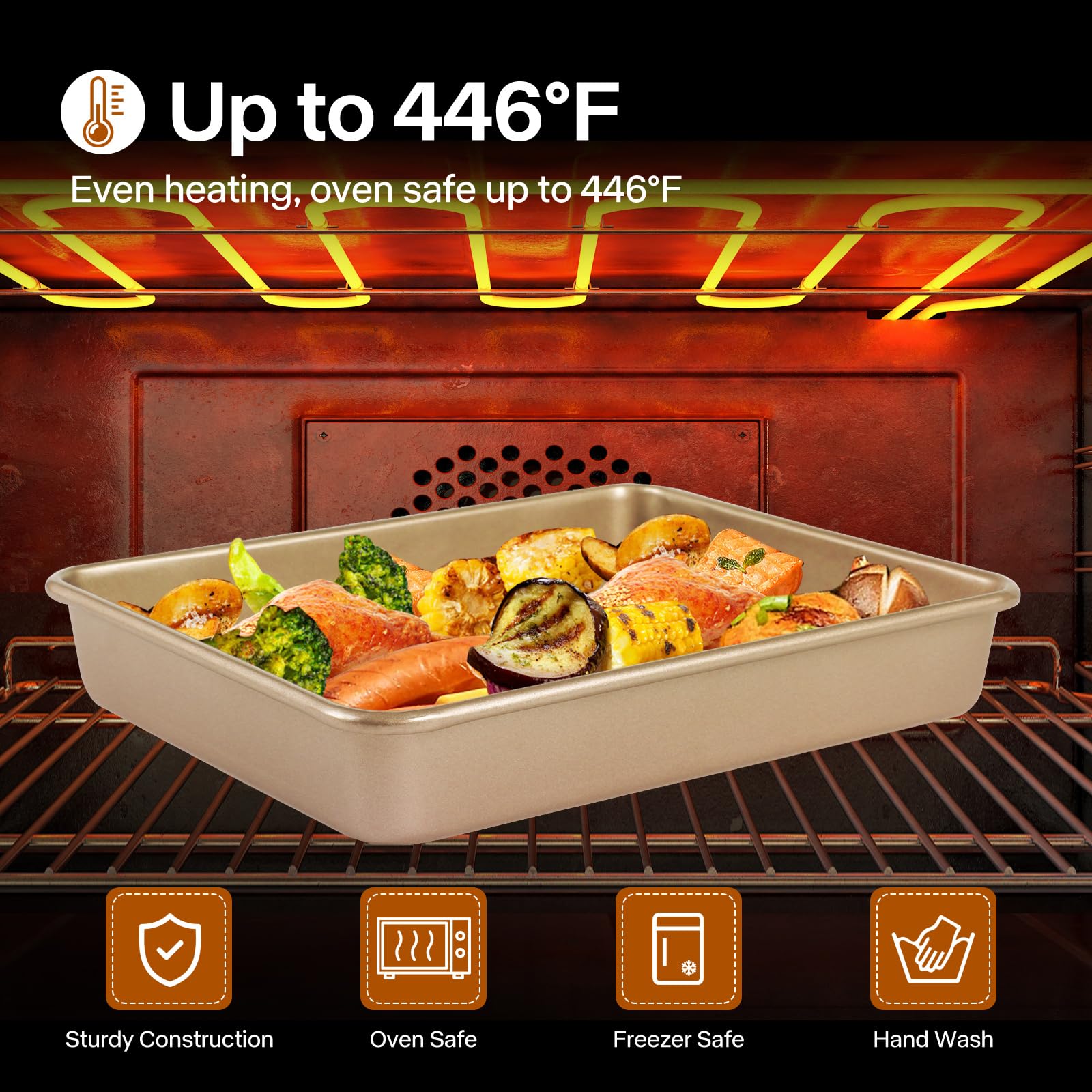 Barlket Rectangle Cake Pan, 9x11 Baking Pan Nonstick, Golden, Easy Release