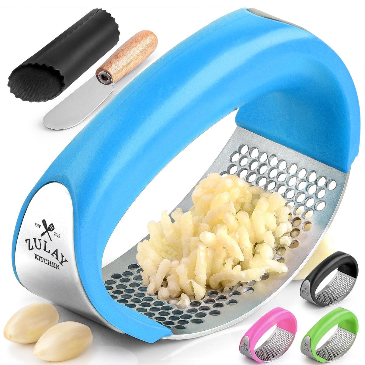 Zulay Kitchen Stainless Steel Garlic Press Rocker Set - Premium Garlic Mincer Garlic Crusher - New Innovative Garlic Crusher with Peeler and Scraper - Comfortable Grip (Red)