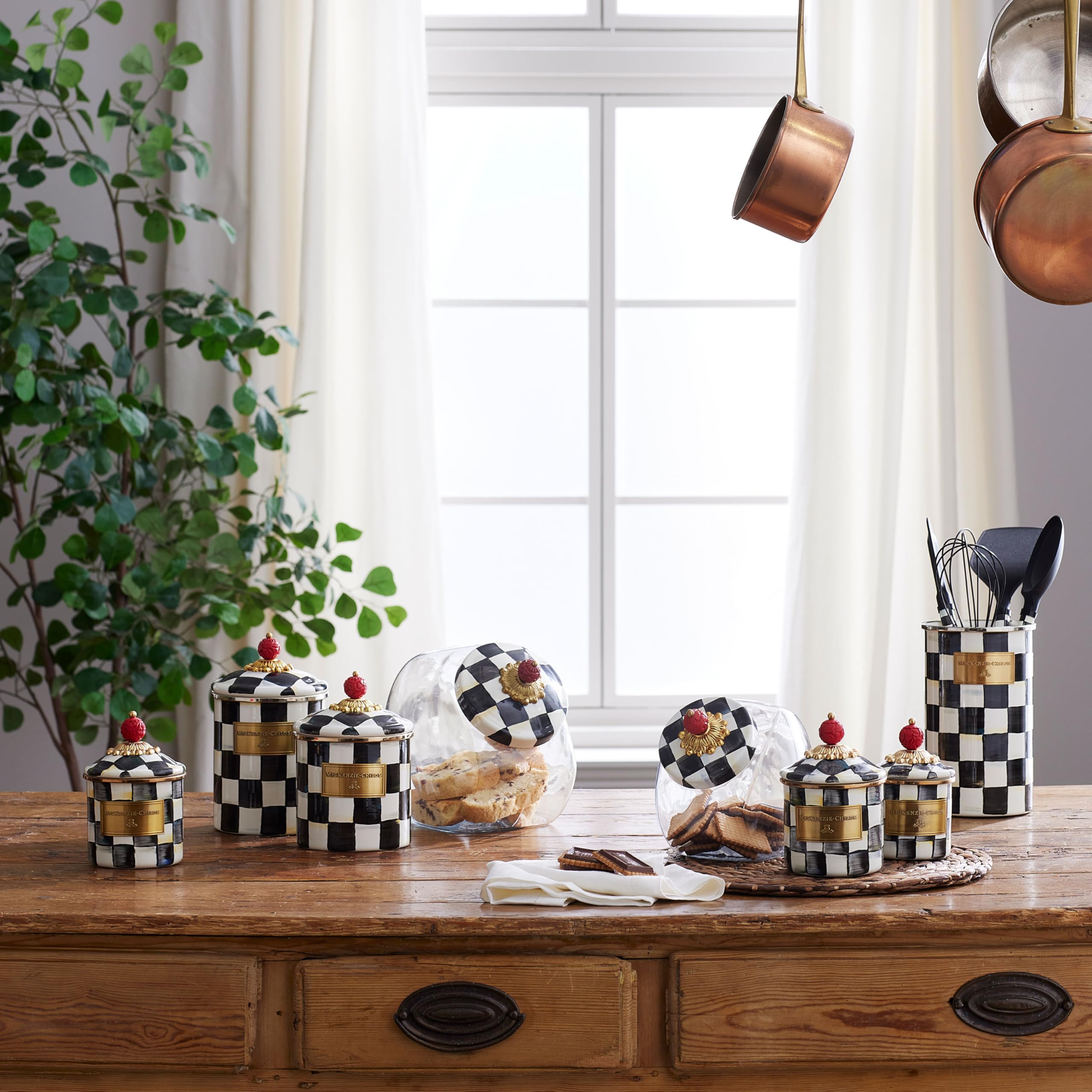 MACKENZIE-CHILDS Glass Cookie Jar with Lid, Black-and-White Courtly Check