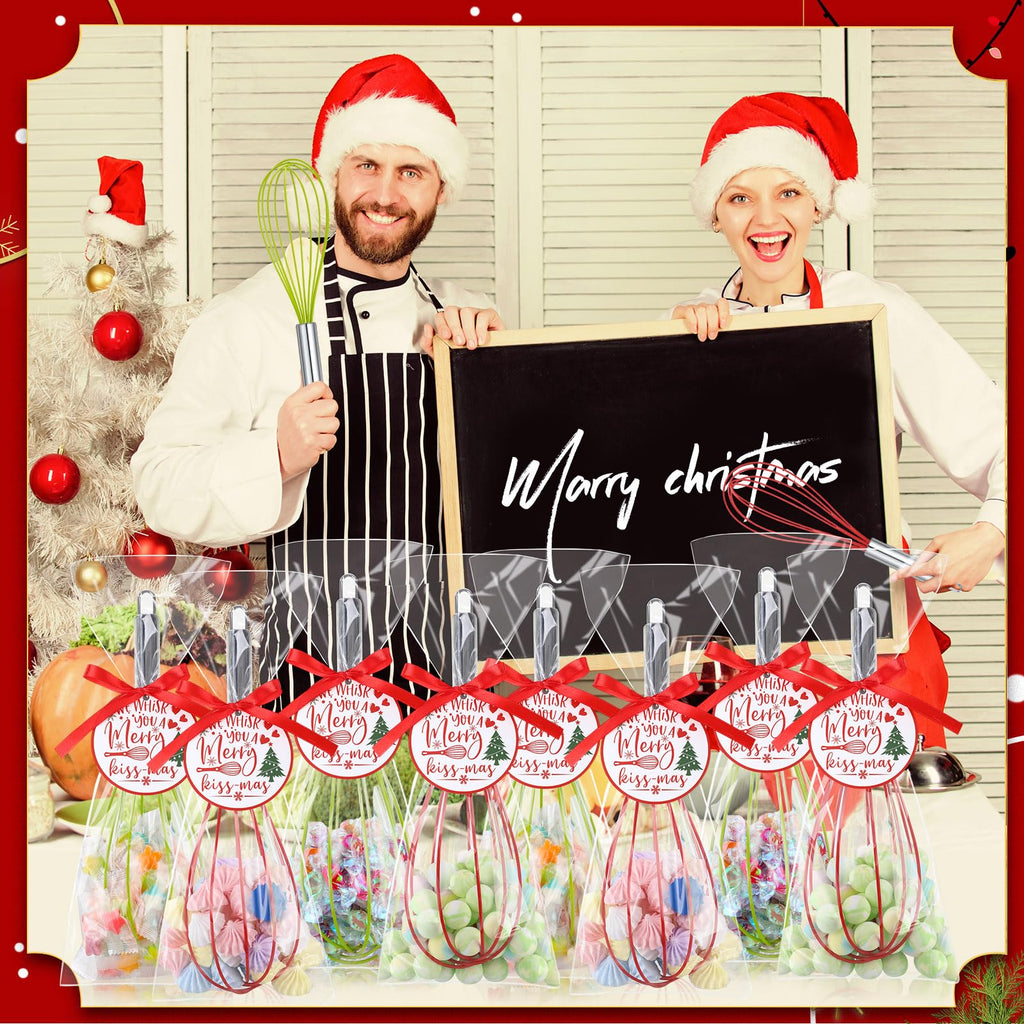 FoldTier 72 Sets 12 Inch Christmas Whisks Gifts DIY Fillable Christmas Tree Ornaments Xmas Colored Silicone Whisks for Cooking Heat Resistant Egg Beaters with Card Rope Bag for Candy Holder