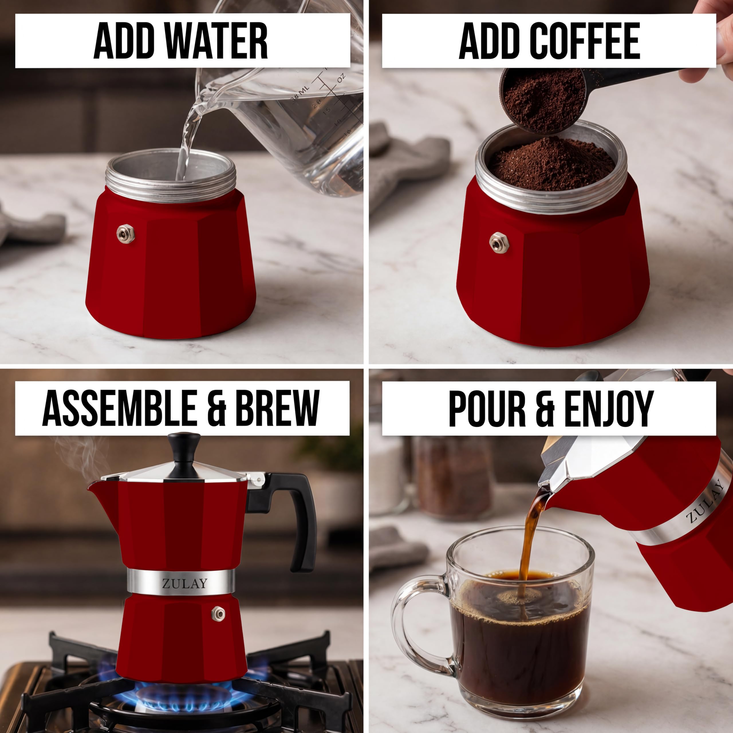 Zulay Moka Pot Espresso Stovetop Coffee Maker - Leak-Proof, Stainless Steel, Easy to Clean, Heat Resistant Handle & Knob - for Authentic Cuban & Italian Style Espresso - Makes 3 Espresso Cups - Red