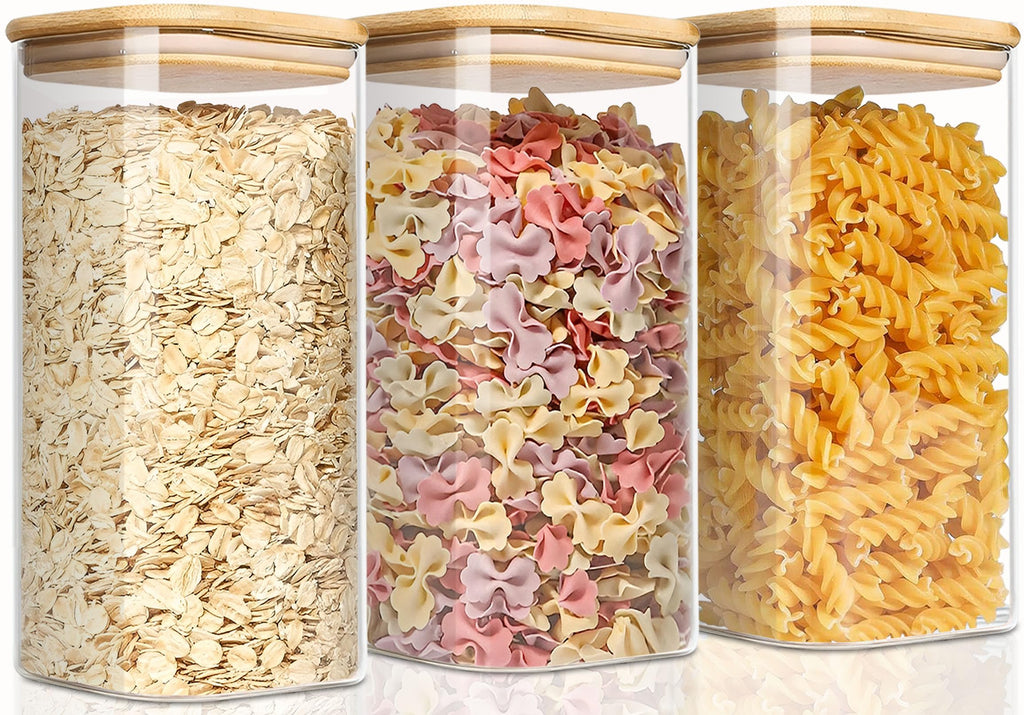 VIEWELLD 1.6 Qt Square Glass Storage Containers with Lids, Clear Food Storage Container Jar with Sealing Bamboo Lid for Noodles Flour Cereal Rice Sugar Tea Coffee Beans,Square Set of 3