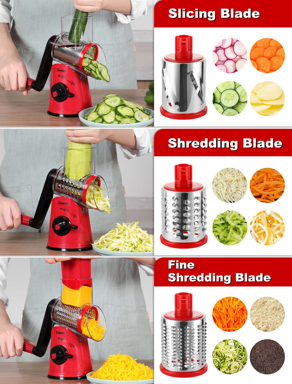Geedel Rotary Cheese Grater Hand Crank, Cheese Shredder Vegetable Slicer