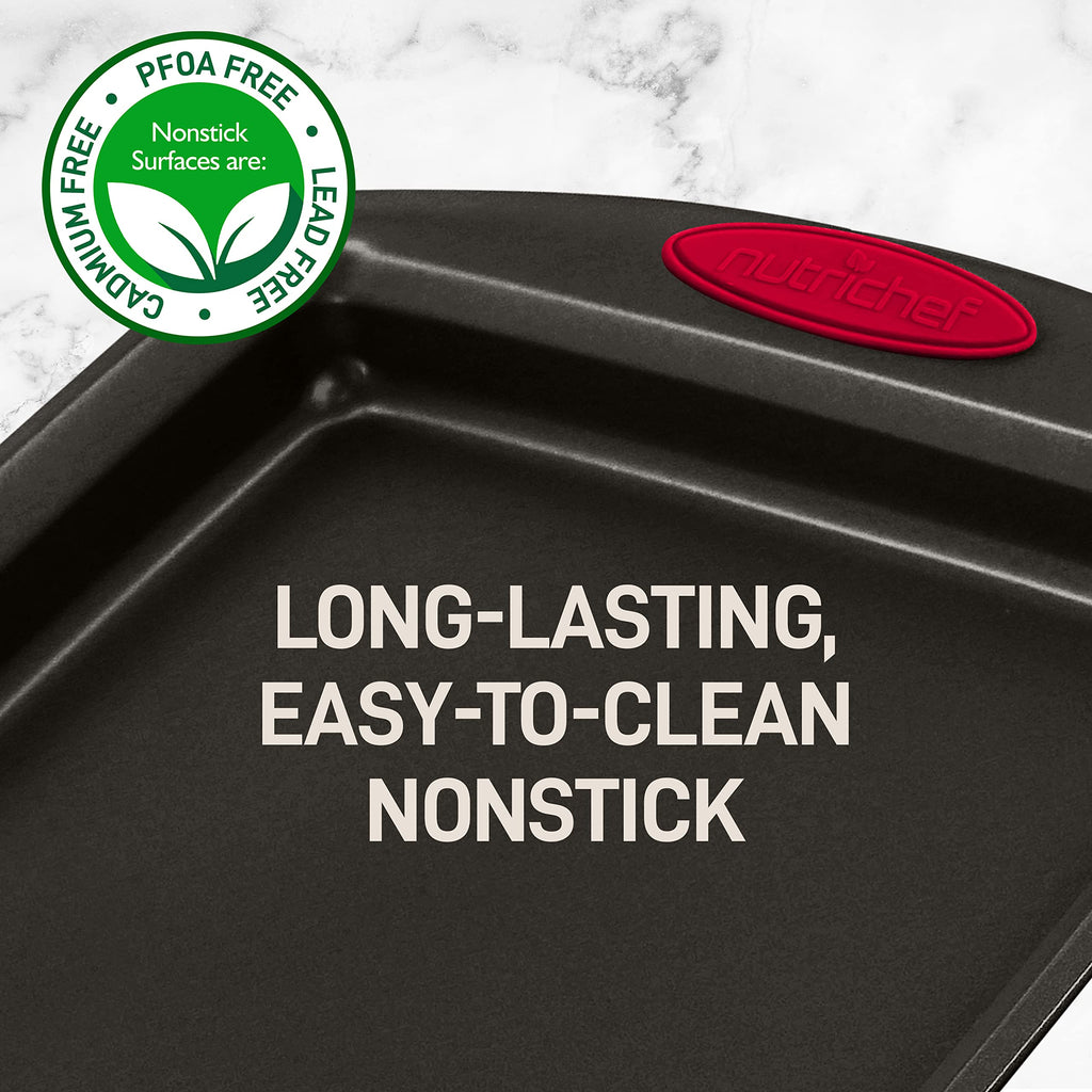 NutriChef 6-Piece Baking Pan Set - Carbon Steel Stackable Bakeware with Red Silicone Handles & Nonstick Coating, Includes Cookie Sheets, Roaster Pan with Lid, Loaf Pan, and 12 Cup Muffin Pan (Black)