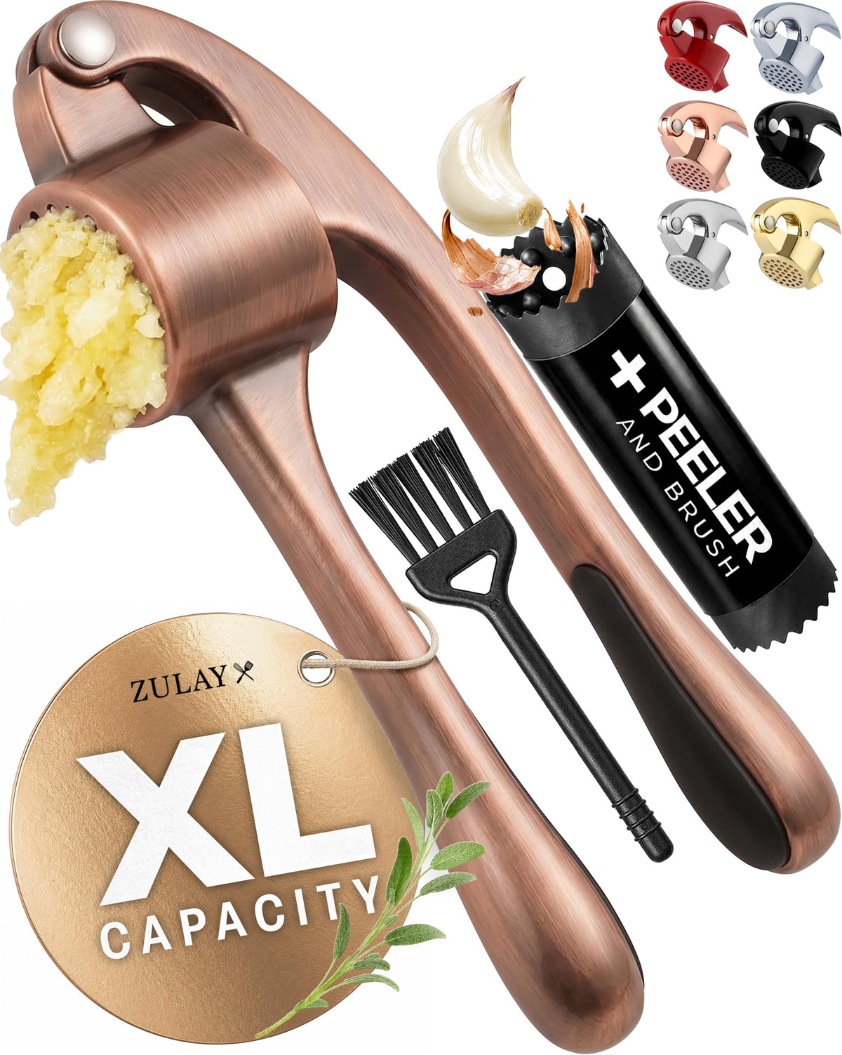 Zulay Kitchen Premium Garlic Press Set - Rust Proof Professional Garlic Mincer Tool - Easy-Squeeze, Easy-Clean with Soft Handle - Silicone Garlic Peeler & Brush (Rose Gold)