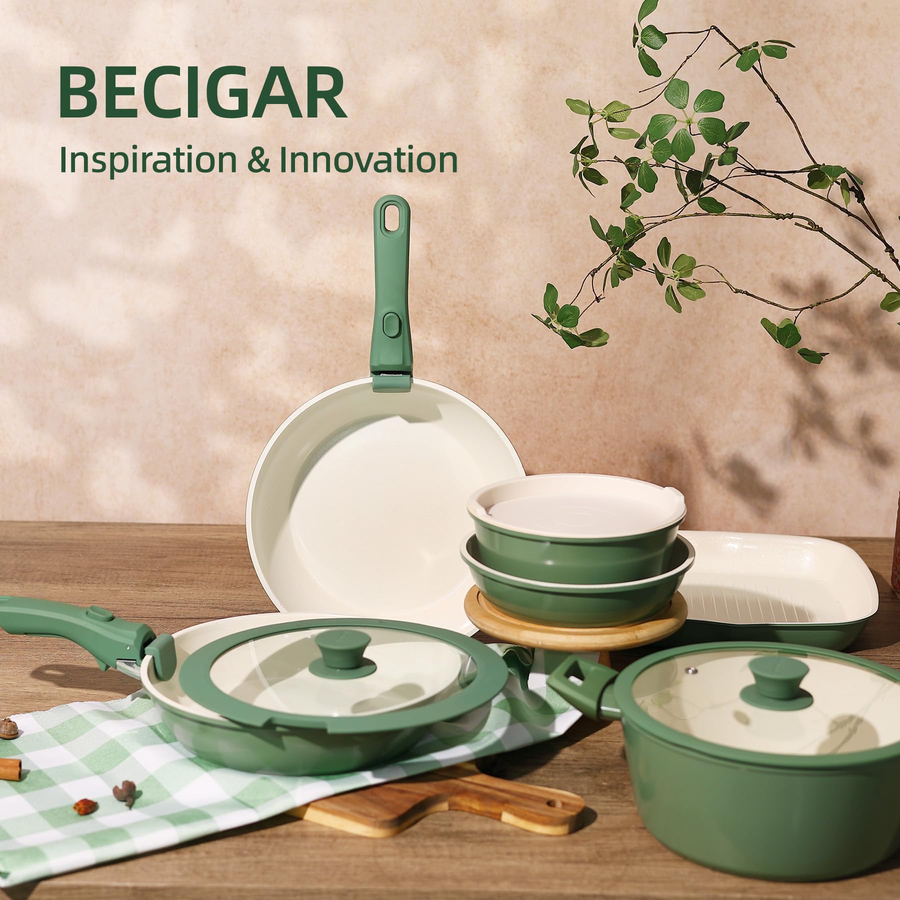 BECIGAR 23pcs Ceramic Pots and Pans Set, Nonstick Detachable Handle Cookware, Induction Kitchen Cooking Set with Removable Handle,include Frying Pans & Saucepans Oven Safe(Green)