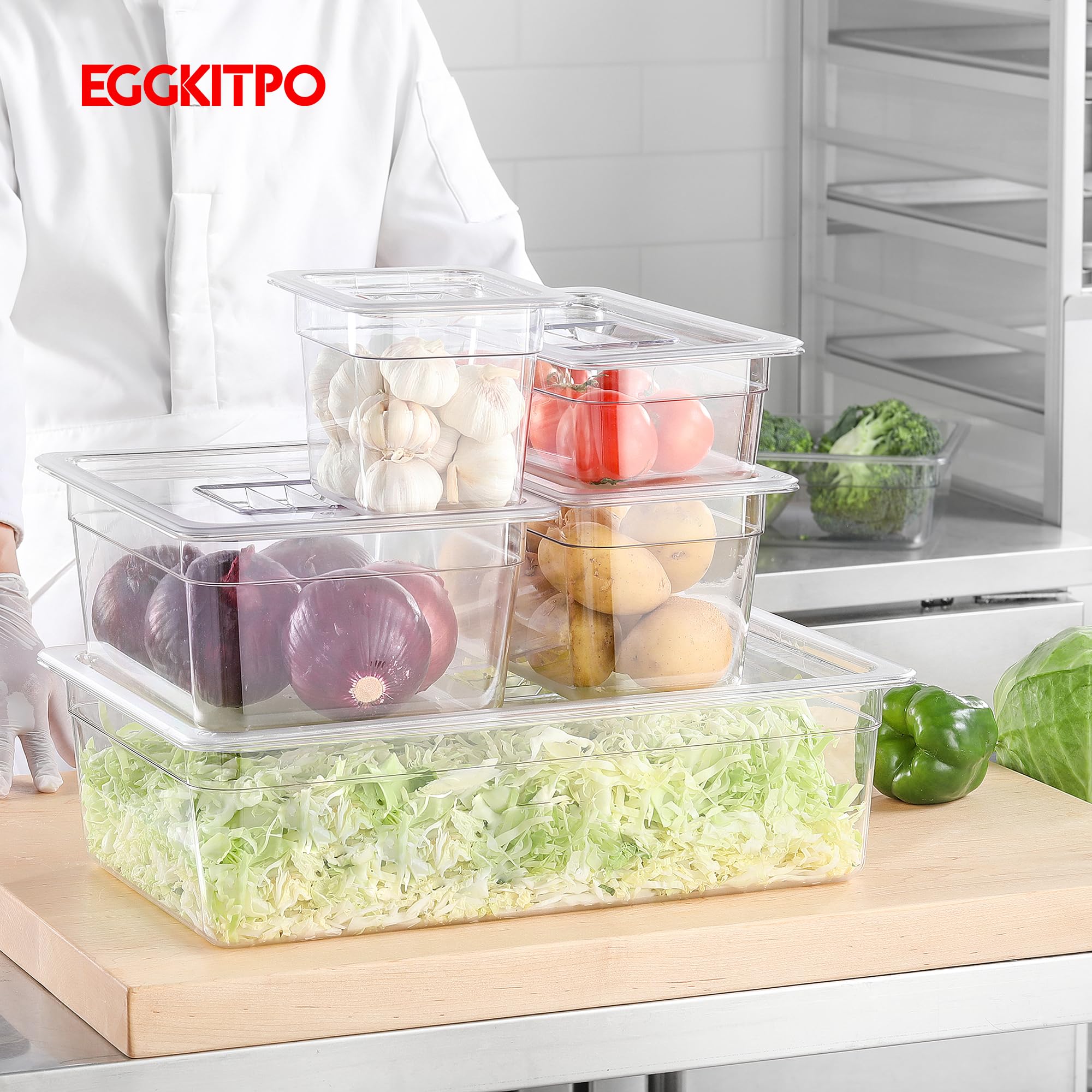 EGGKITPO 1/3 Size Food Containers 6 Pack 6 Inch Deep Pan Clear BPA free Polycarbonate Stackable Commercial Hotel Pan for Food Serving Freezer Safe