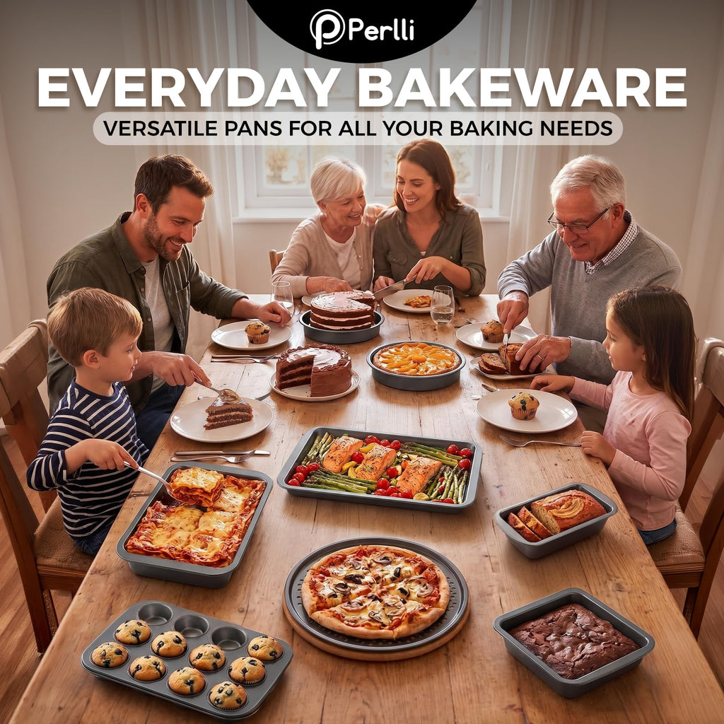 PERLLI Non-Stick 8-Piece Bakeware Set – Carbon Steel with Even Heat Distribution, Oven Safe to 446°F, BPA-Free, Dishwasher Safe, Stackable Baking Tools for Easy Storage and Everyday Cooking - Gray