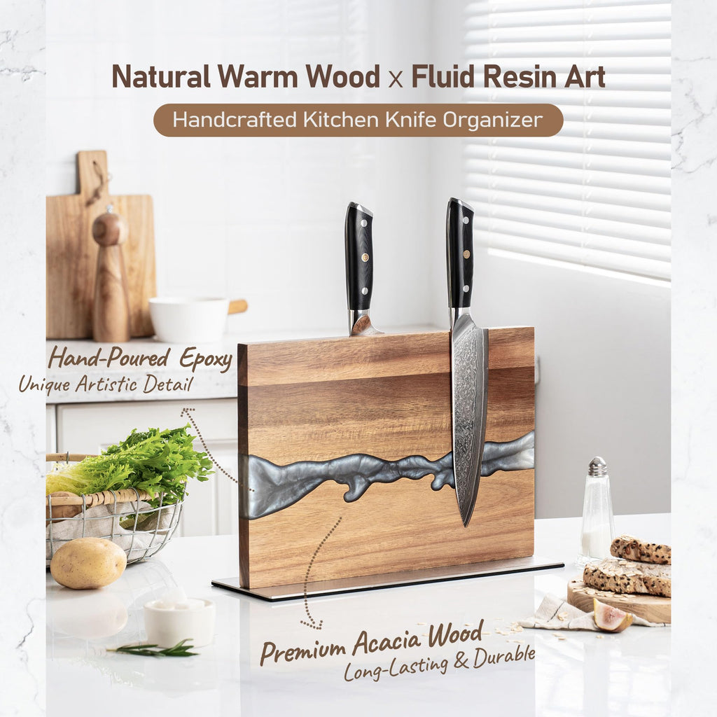 Magnetic Knife Block for Countertop, Strong Magnetic Knife Holder Stand, Acacia Wood & Epoxy Resin Organizer for Kitchen Knives, Gift for Cooks