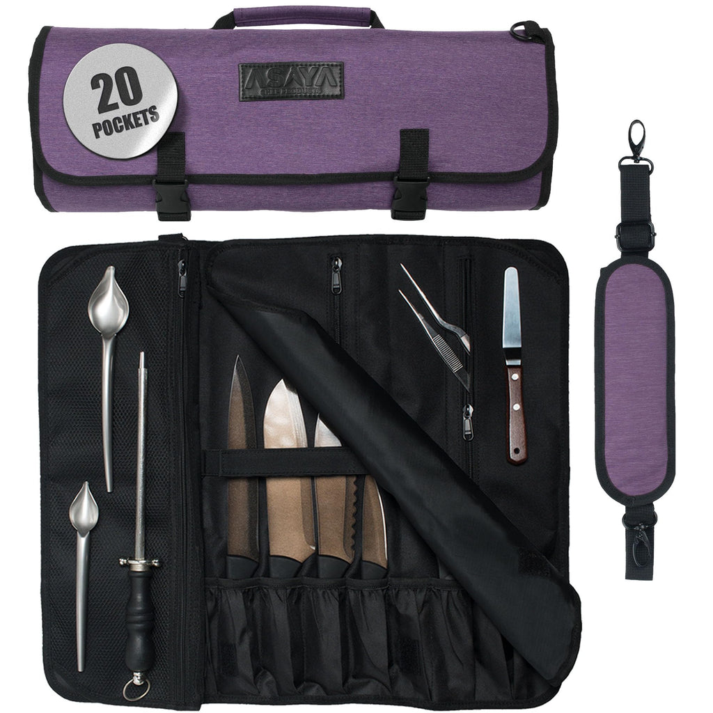 Asaya Waxed Nylon Chef Knife Roll Bag with 20 Slots and Zippered Pockets - Professional Chef Knife Bag & Storage Case, Tool Carrier with Shoulder Strap - Knives Not Included (Purple)