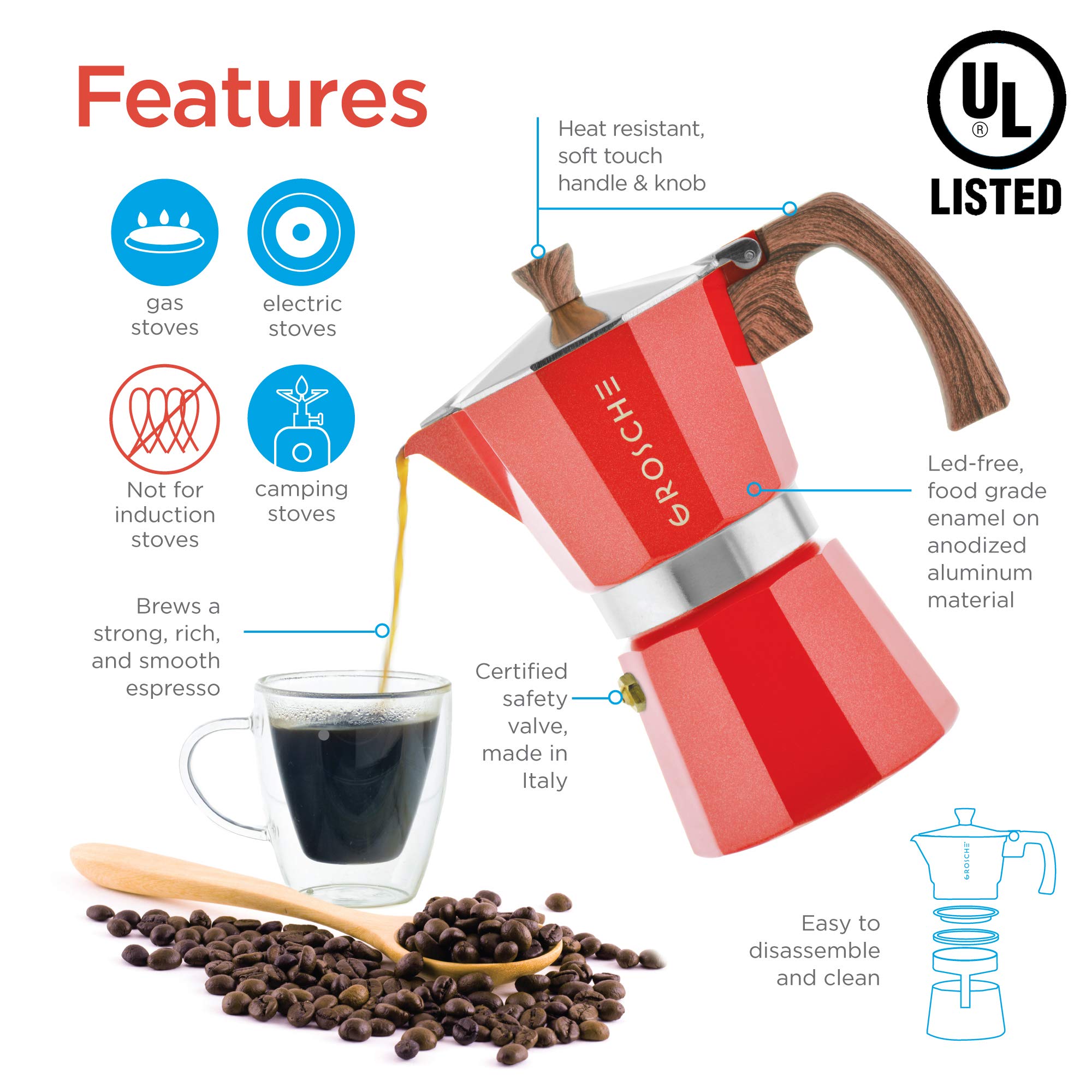 GROSCHE Milano Stovetop Espresso Maker Moka Pot 9 espresso Cup 15.2 oz Red