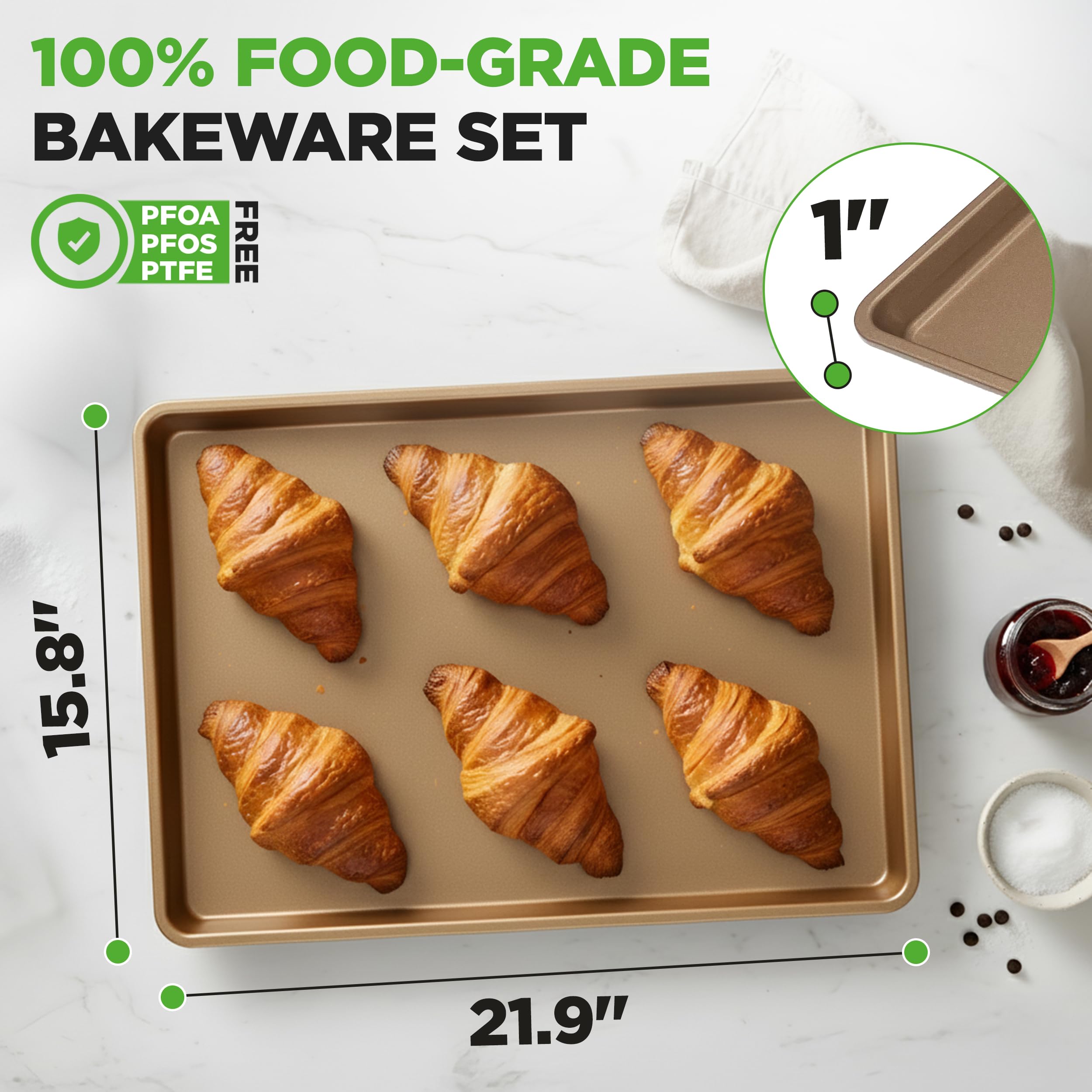 NutriChef Nonstick XL Cookie Sheet Baking Pan - Extra Large 22" x 16" Carbon Steel Oven Baking Sheet for Pastries, Desserts, & More - Dishwasher Safe, Gold