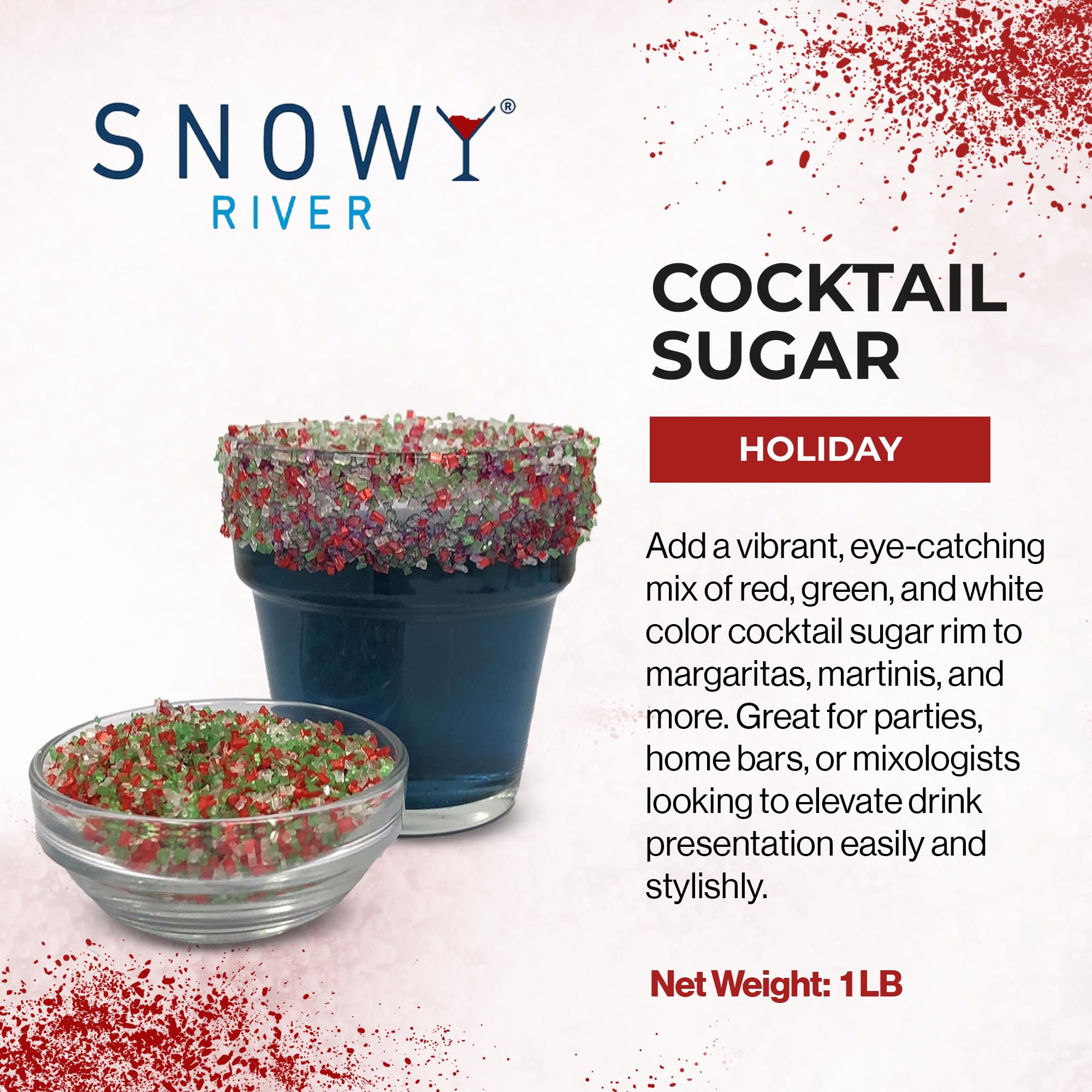Snowy River Holiday, Cocktail & Margarita Sugar Rimmer - Vibrant Naturally Colored Sugar for Cocktail Rimming, Baking & Decorating, Medium Crystal - 16oz
