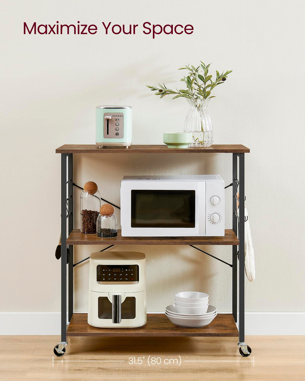 VASAGLE Kitchen Shelf on Wheels, 31.5 Inches Serving Cart with 3 Shelves, Kitchen Cart, Microwave Shelf, for Mini Oven, Toaster, with 6 Hooks, Industrial Style, Rustic Brown and Ink Black UKKS067K01