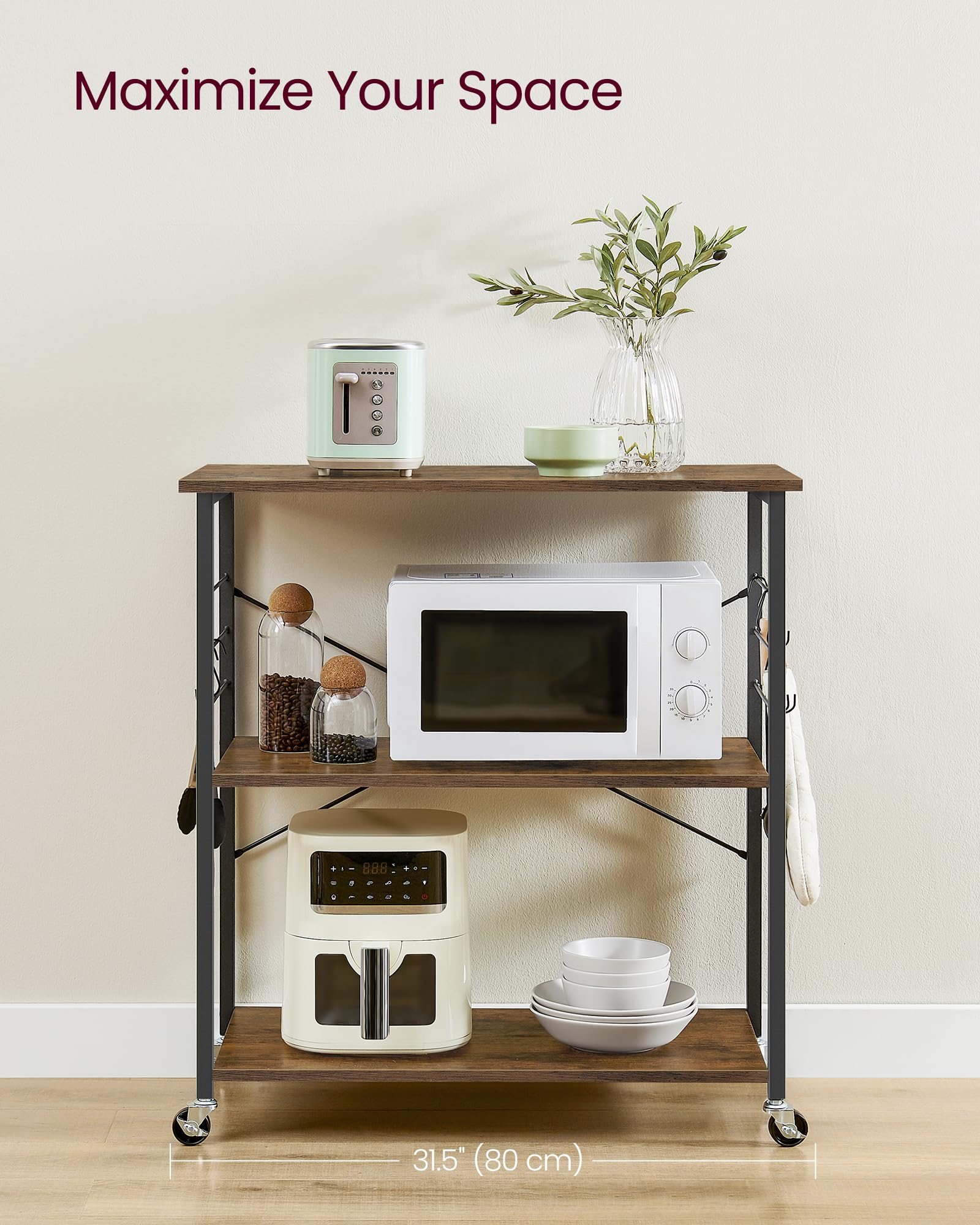 VASAGLE Kitchen Shelf on Wheels, 31.5 Inches Serving Cart with 3 Shelves, Kitchen Cart, Microwave Shelf, for Mini Oven, Toaster, with 6 Hooks, Industrial Style, Rustic Brown and Ink Black UKKS067K01