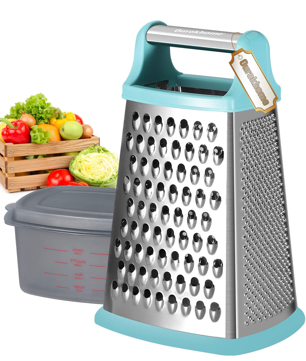 Ourokhome Cheese Grater with Handle, Stainless Steel Box Grater, 4 Side Kitchen Vegetable Shredder Slicer Zester with Container for Parmesan, Cabbage, Ginger, Lemon, Chocolate, Coconut (Red)