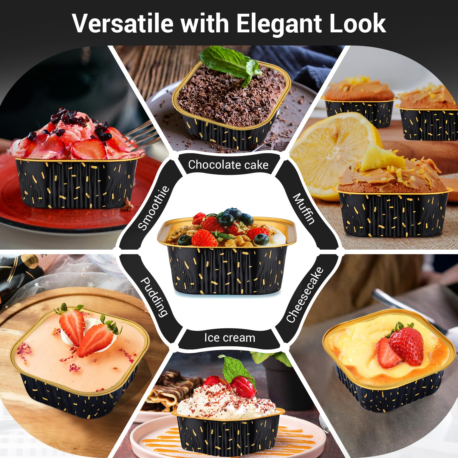 EUSOAR Baking Pans with Lids, 100pcs 10oz/300ml Aluminum Foil Ramekins Disposable Containers, Square Creme Brulee Cups Cupcake Liners Muffin Cup Mini Cake Loaf Bread Holders for Birthday Wedding