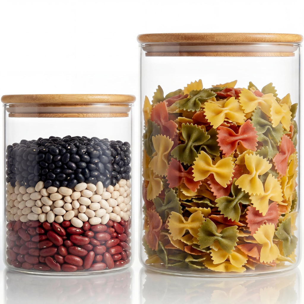 32 oz & 21 oz Round Glass Food Storage Containers with Bamboo Lids, 4 Pack