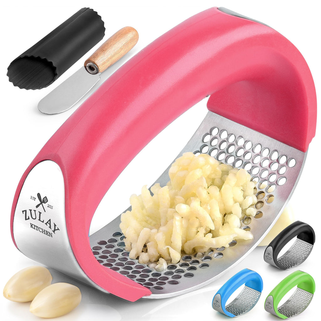 Zulay Kitchen Stainless Steel Garlic Press Rocker Set - Premium Garlic Mincer Garlic Crusher - New Innovative Garlic Crusher with Peeler and Scraper - Comfortable Grip (Red)