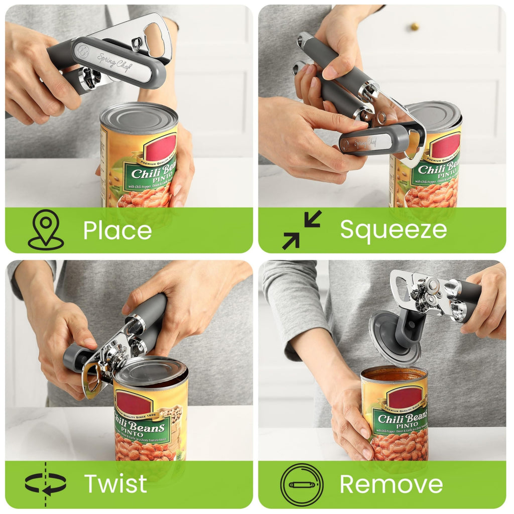 Spring Chef Stainless Steel Manual Can Opener with Magnetic Lid Remover, Easy Turn & Heavy Duty Can Openers for Seniors with Smooth Edge - Graphite