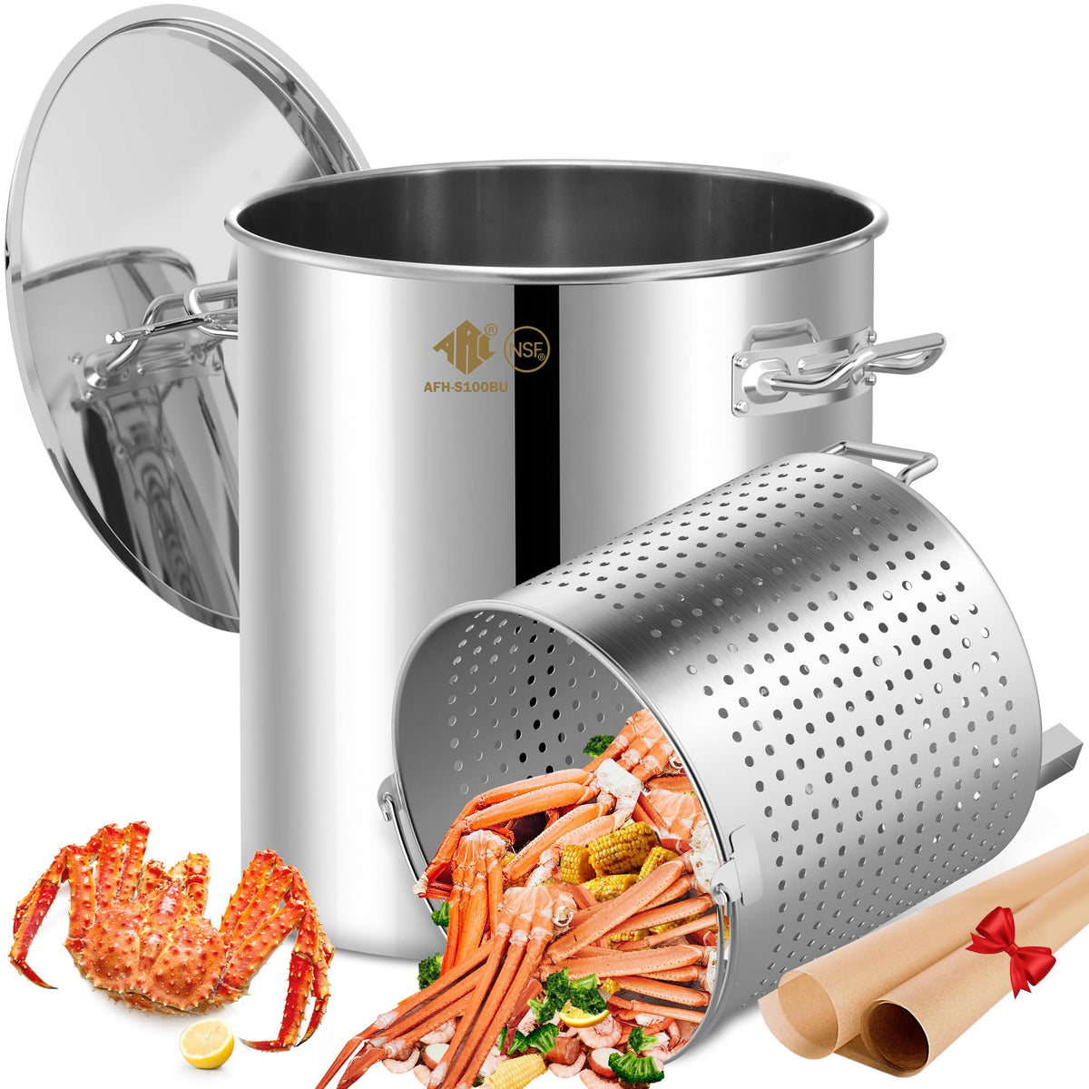 ARC 100QT Stainless Steel Seafood Boil Pot with Basket and Two Brown Paper