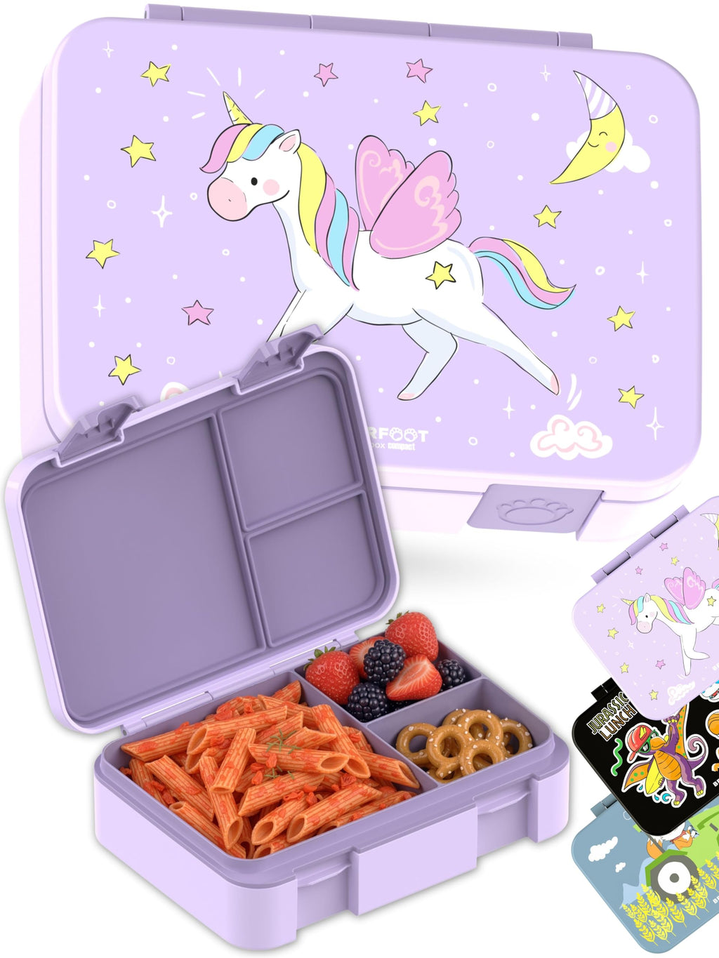 BEARFOOT Kids Lunch Box with Compartments – Compact & Lightweight | Leak-Proof, BPA-Free, Dishwasher Safe | Hand-Drawn Design for Preschool, School, Travel (Sticker Purple, 2.75 Cups)