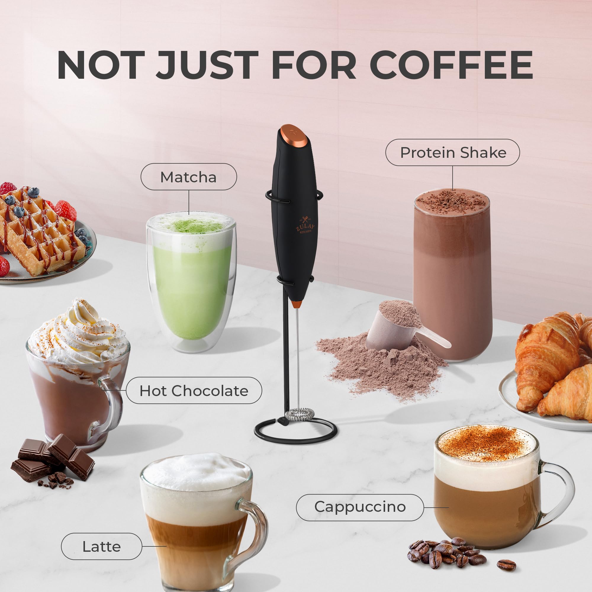 Zulay Kitchen Powerful Milk Frother Wand With Duracell Batteries - Ultra Fast Handheld Drink Mixer - Electric Whisk Foam Maker for Coffee, Lattes, Cappuccino & Matcha - Z1 Motor - Black & Copper