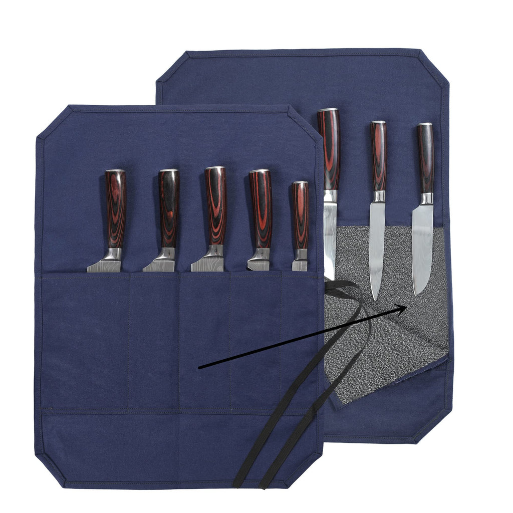 Chef's Knife Bag With 5 Slots, Wax Canvas Knife roll with Professional Anti Cutting Fabric Inside (Blue)