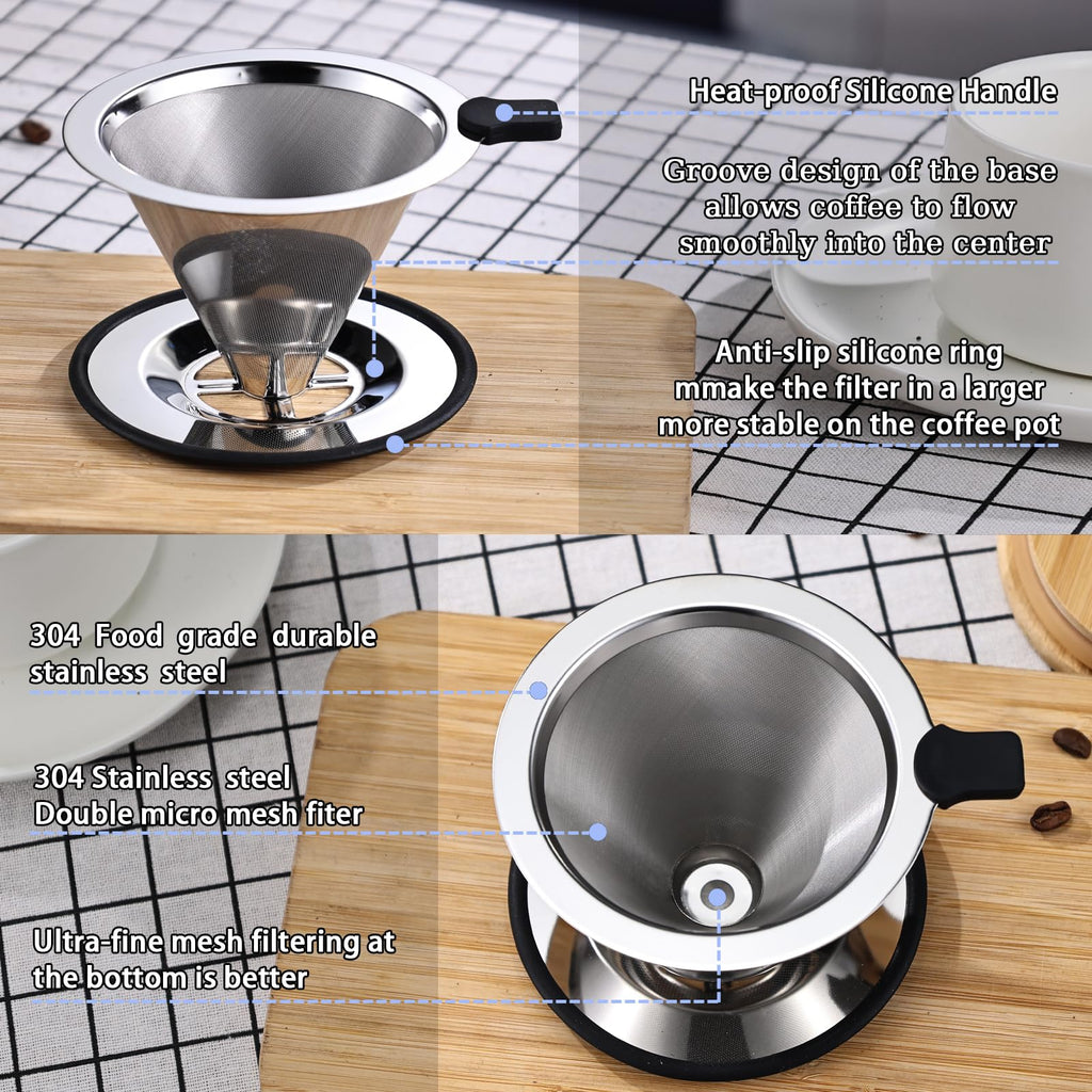 Pour Over Coffee Filter Dripper, Stainless Steel Metal Cone Coffee Filter