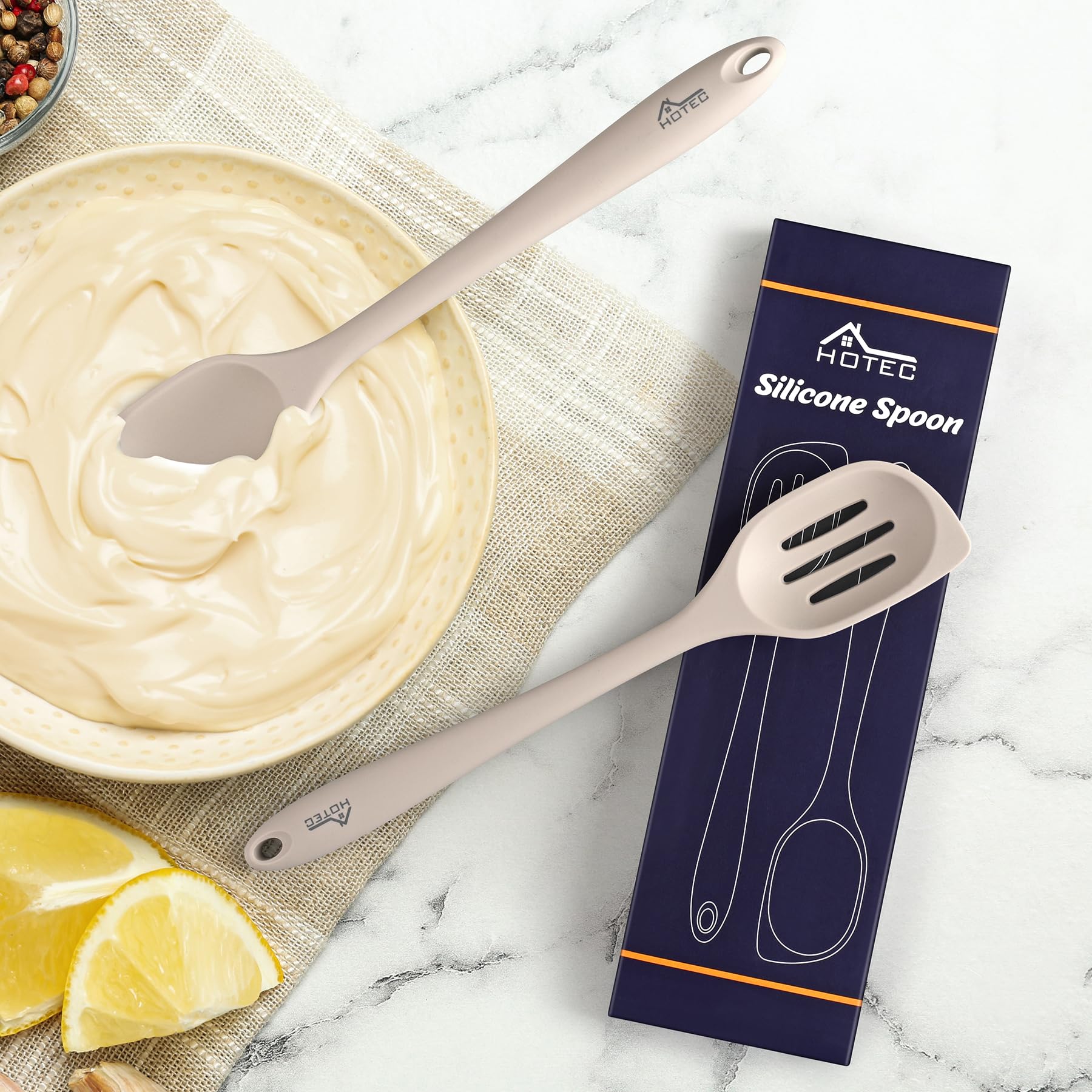 HOTEC Heat Resistant Silicone Cooking Spoon Spatula, Large Kitchen Solid and Slotted Spoons for Mixing, Serving, Scraping, Non-stick, Dishwasher Safe Khaki 12.5inch