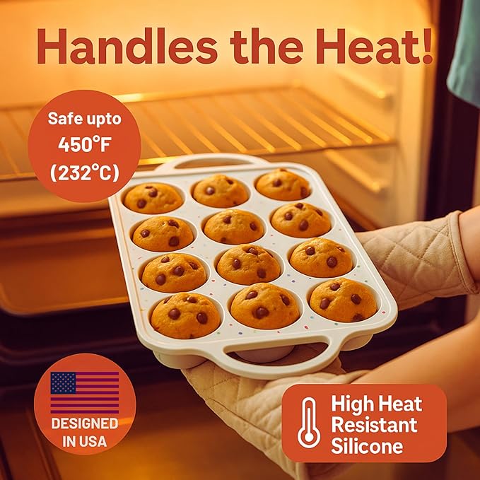2 Pack Regular Muffin Pan - 12 Cup Silicone Muffin Pan for Baking with Metal Reinforced Frame - Regular Size Cupcake Pan, BPA Free Silicone Muffin Tray - Oven & Dishwasher Safe - Cream