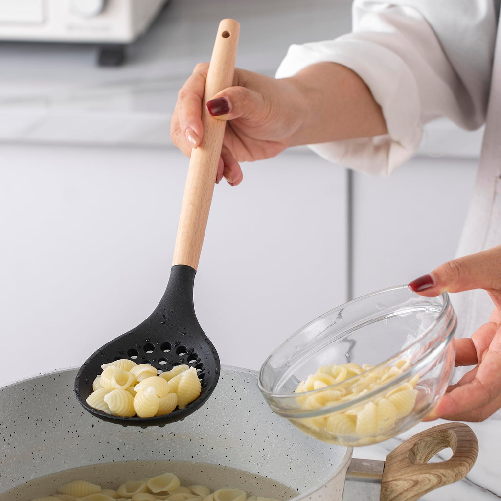Country Kitchen Non Stick Silicone Utensil Set with Rounded Wood Handles for Cooking and Baking, 14 Piece Set, Black