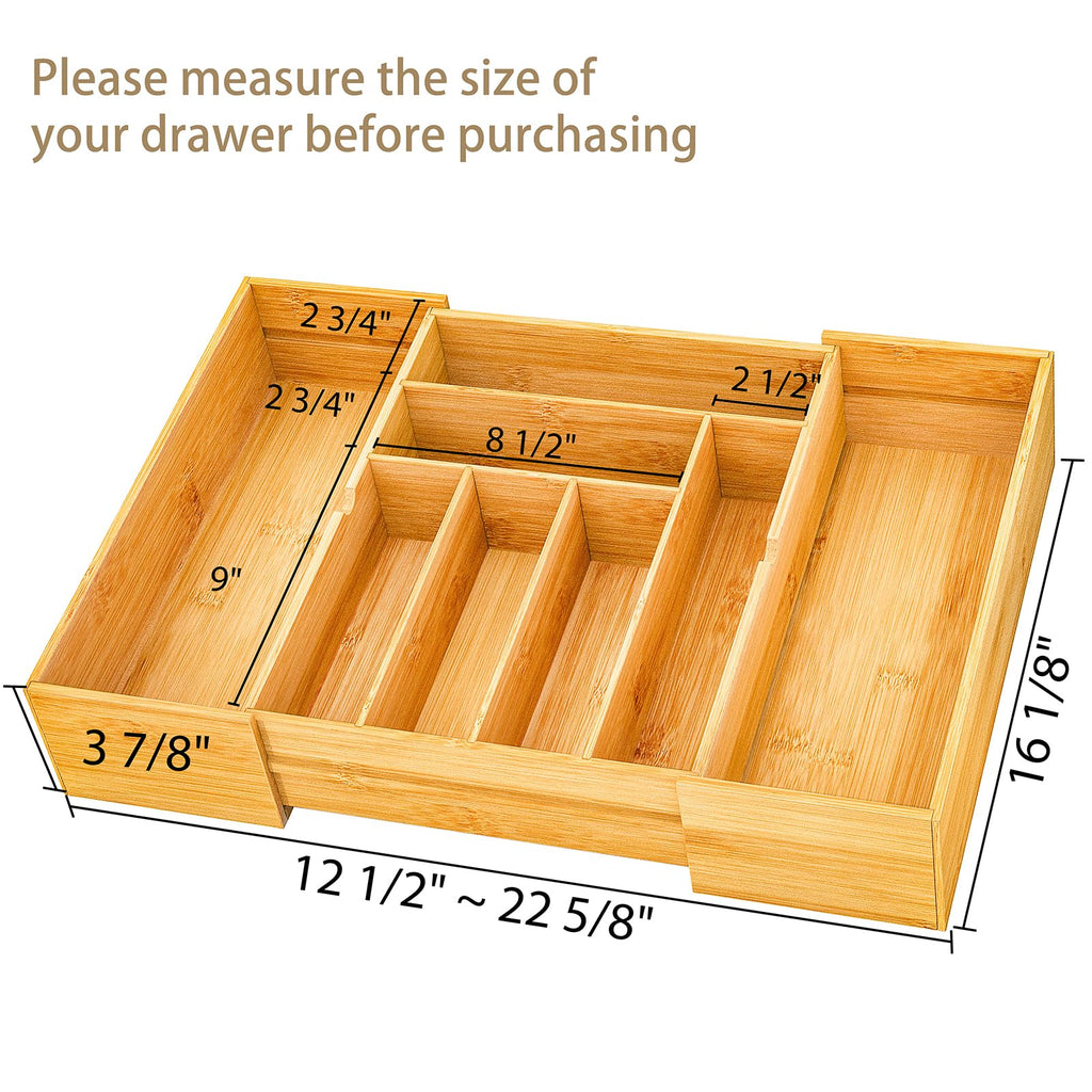 BAMEOS 3.9inch Tall Bamboo Drawer Organizer, Expandable Utensil Holder with 8 Compartments, Adjustable Kitchen Drawer Divider for Flatware, Silverware and Gadgets, Deep Storage for Home and Office