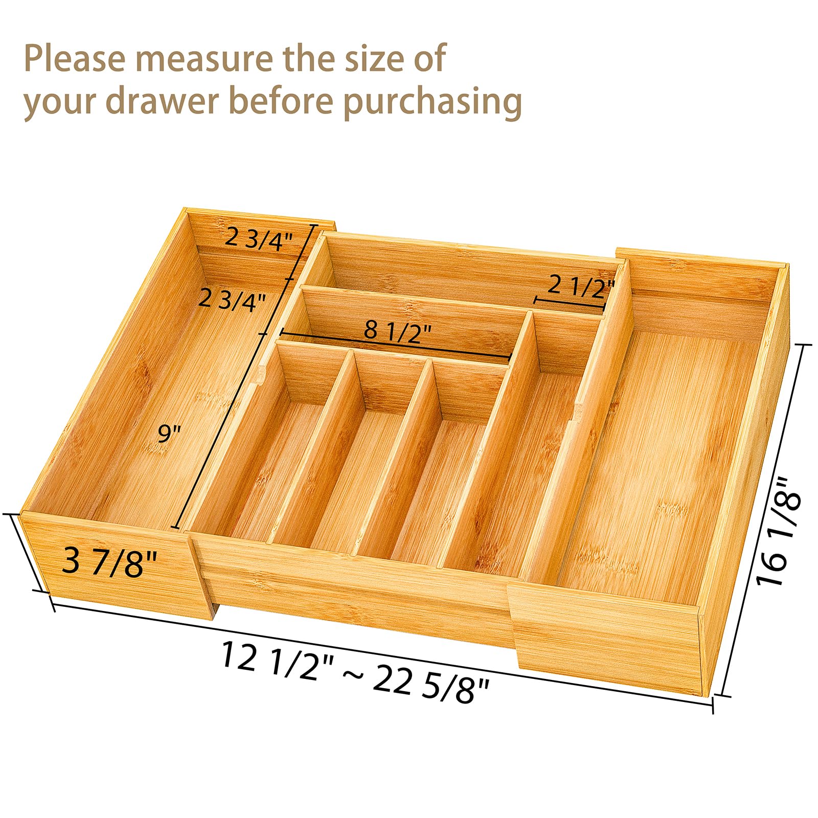 BAMEOS 3.9inch Tall Bamboo Drawer Organizer, Expandable Utensil Holder with 8 Compartments, Adjustable Kitchen Drawer Divider for Flatware, Silverware and Gadgets, Deep Storage for Home and Office