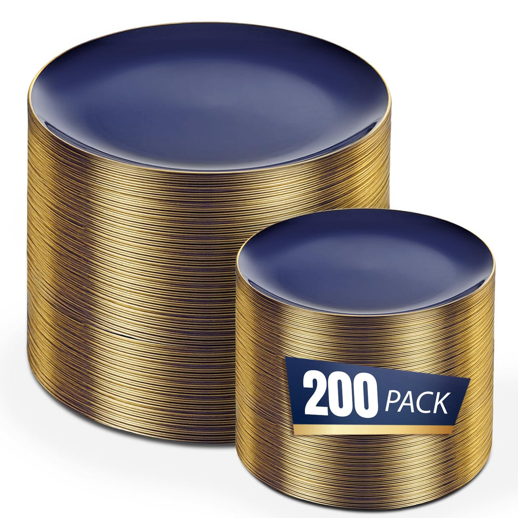 bUCLA 100PCS Clear and Gold Plastic Plates - Clear Disposable With Gold Rim Include 50 Each (10 inch Dinner & 7 inch Dessert) Plates, Ideal for Party & Thanksgiving