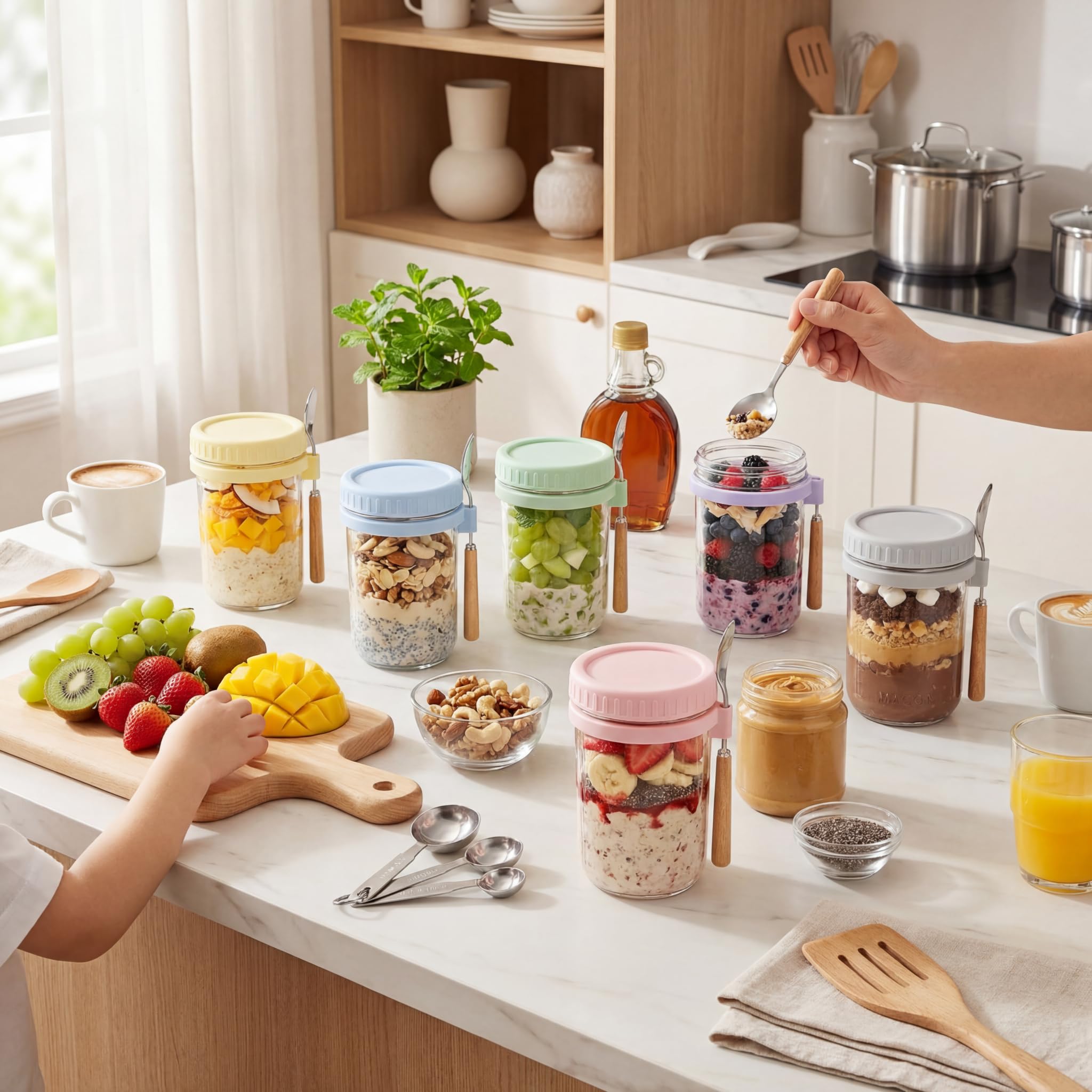 16oz Glass Overnight Oats Containers with Lids and Spoons, 4 Pack Pink