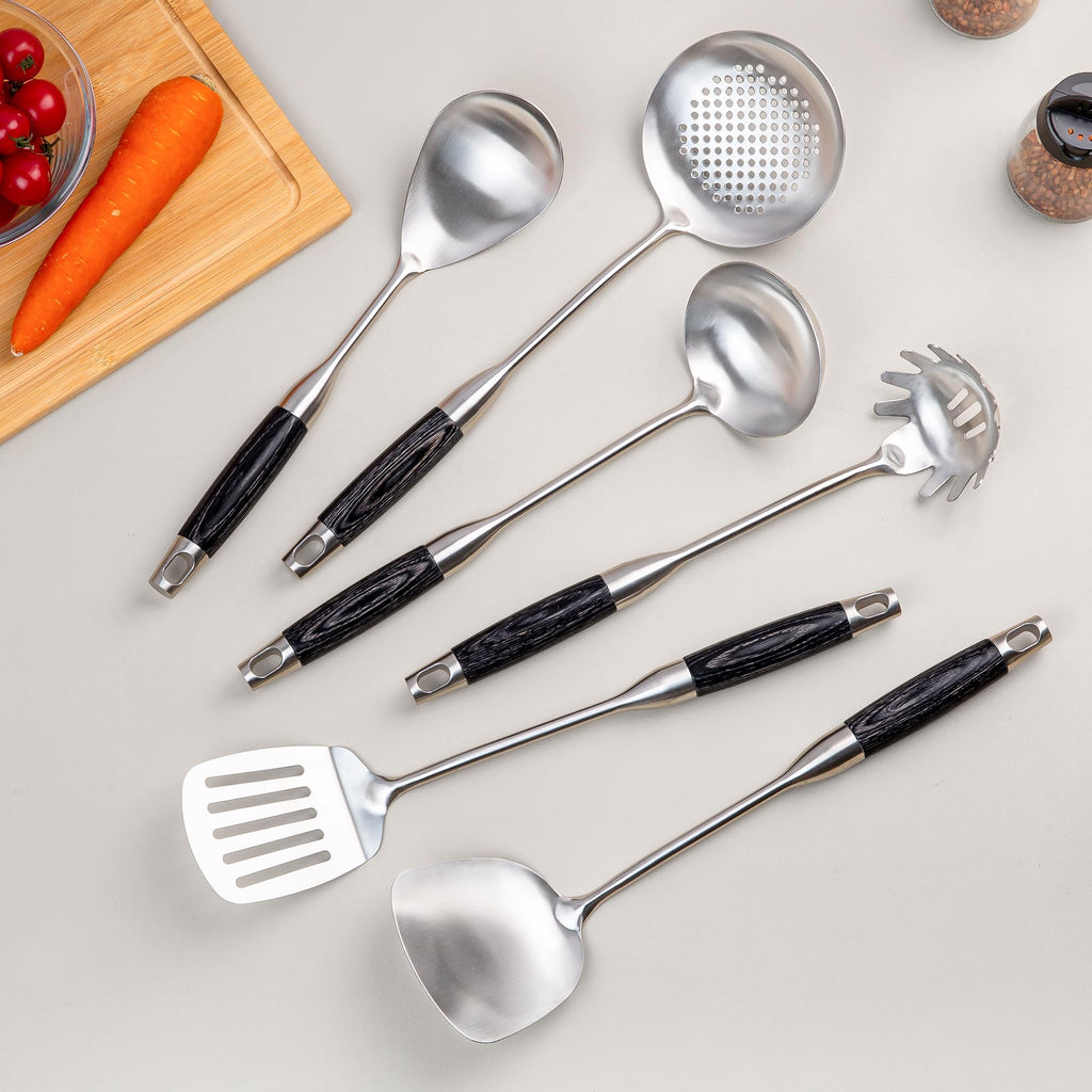 FJNATINH Stainless Steel Kitchen Utensils, Set of 6 Cooking Tools with Wooden Handle, Wok Spatula, Soup Ladle, Skimmer Spoon, Slotted Spatula Turner, Spaghetti Server, Solid Spoon
