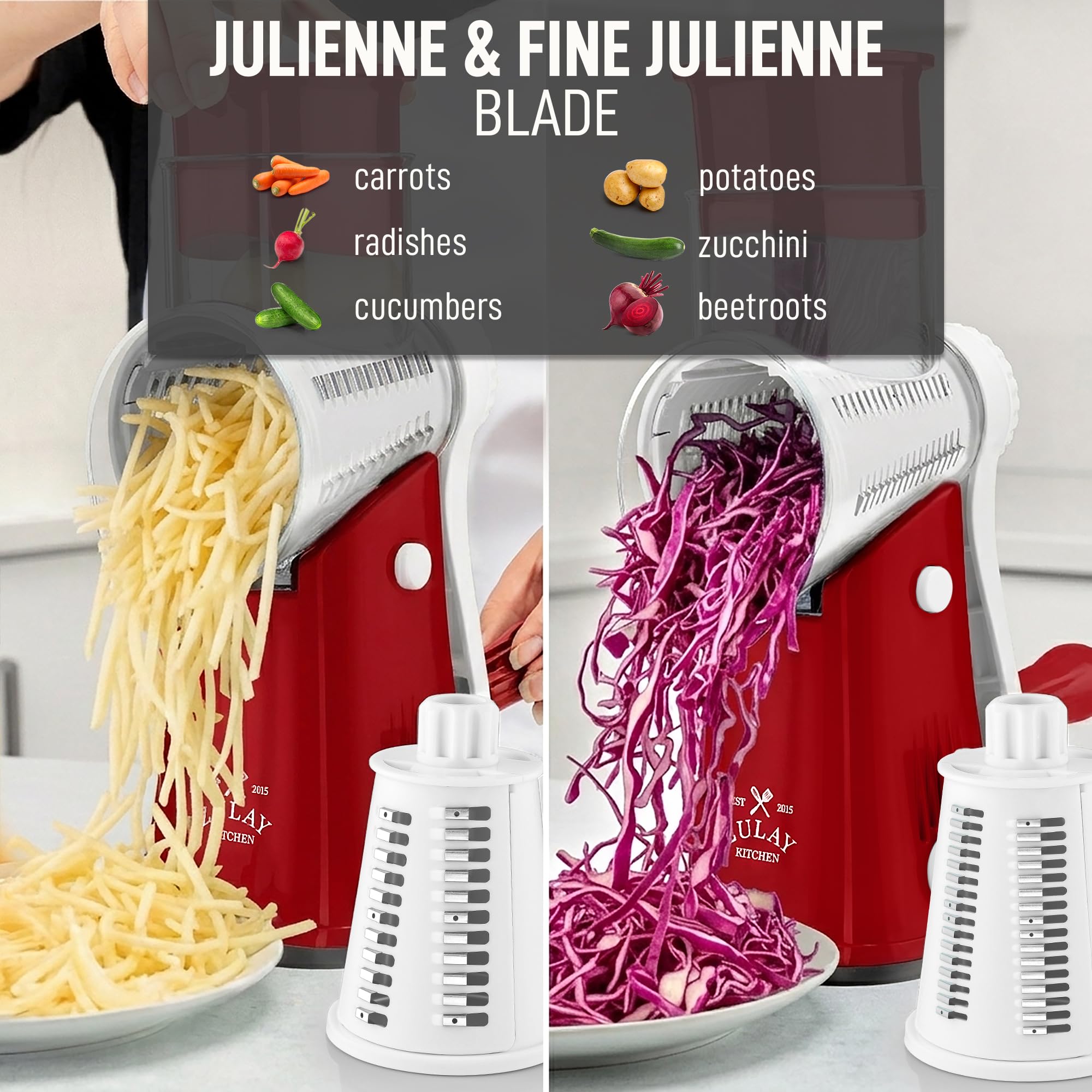 Zulay Kitchen Rotary Cheese Grater 5 Blade Cheese Shredder - Manual Hand Crank Cheese Grater With Reinforced Suction & 5 Interchangeable Drums - Easy to Use, Vegetable Chopper Round Mandoline Slicer