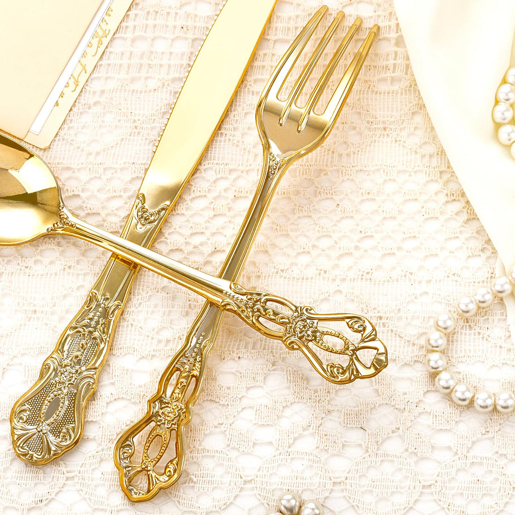 Joyido 40PCS Gold Plastic Silverware - Heavy Duty Elegant Disposable Utensils - Gold Plastic Cutlery Set Includes 20 Forks, 10 Spoons, 10 Knives for Dinner, Parties, Weddings
