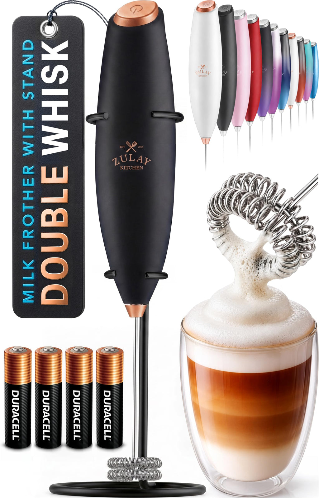 Zulay Kitchen Powerful Milk Frother Wand With Duracell Batteries - Ultra Fast Handheld Drink Mixer - Electric Whisk Foam Maker for Coffee, Lattes, Cappuccino & Matcha - Z1 Motor - Aqua