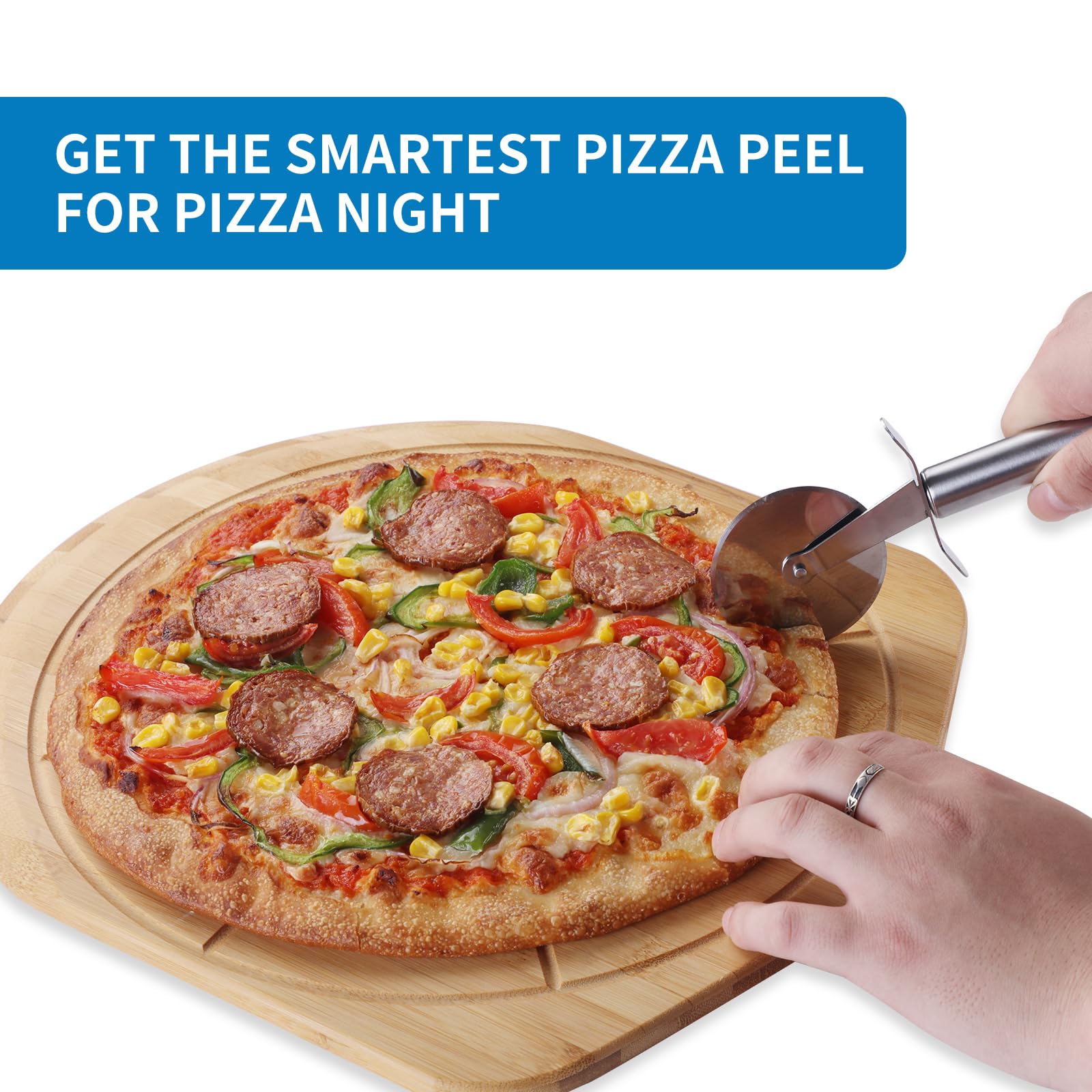 Fiery Chef 16" Bamboo Pizza Peel with 8 Slice Grooves, 23.6" x 16"