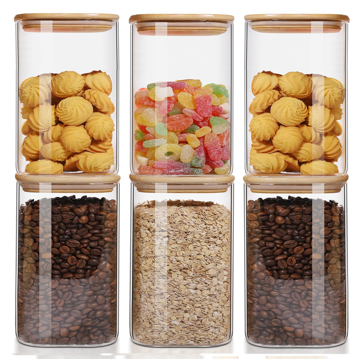 Liuruiyu Glass Food Storage Jars 6-Pack 37oz - 4x6 in-Clear Glass Food Canisters with Bamboo Lid Airtight For Serving Tea, Coffee, Flour, Sugar, Candy, Cookie, Spice and More (Circular)